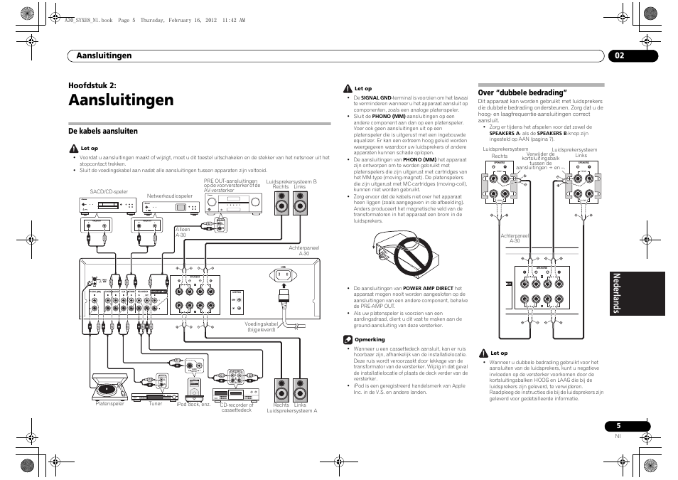 02 aansluitingen, De kabels aansluiten, Over “dubbele bedrading | Aansluitingen, Aansluitingen 02, Hoofdstuk 2 | Pioneer A-20-K User Manual | Page 53 / 88