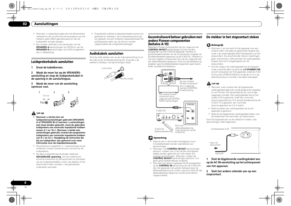 Luidsprekerkabels aansluiten, Audiokabels aansluiten, Gecentraliseerd beheer gebruiken met andere | Pioneer-componenten (behalve a-10), De stekker in het stopcontact steken, 02 aansluitingen | Pioneer A-20-K User Manual | Page 54 / 88