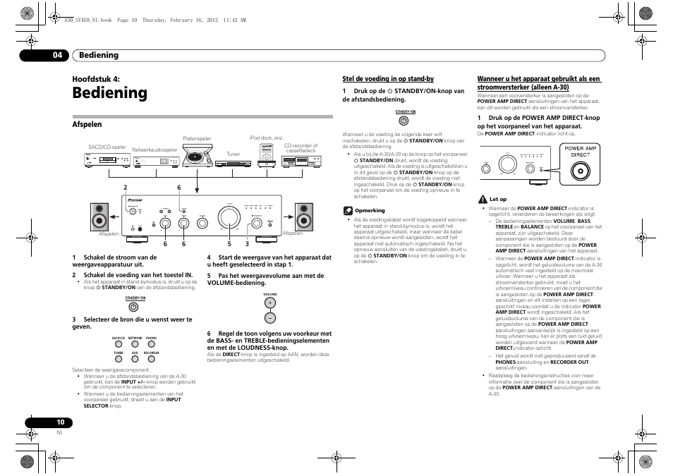 04 bediening, Afspelen, Stel de voeding in op stand-by | Wanneer u het apparaat gebruikt als een, Stroomversterker (alleen a-30), Bediening | Pioneer A-20-K User Manual | Page 58 / 88