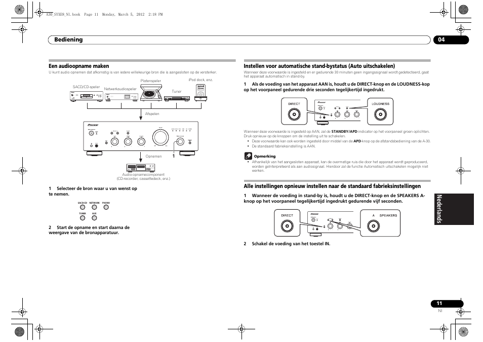 Een audioopname maken, Instellen voor automatische stand-bystatus, Auto uitschakelen) | Pioneer A-20-K User Manual | Page 59 / 88