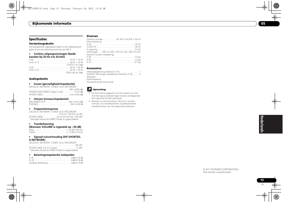Specificaties | Pioneer A-20-K User Manual | Page 61 / 88