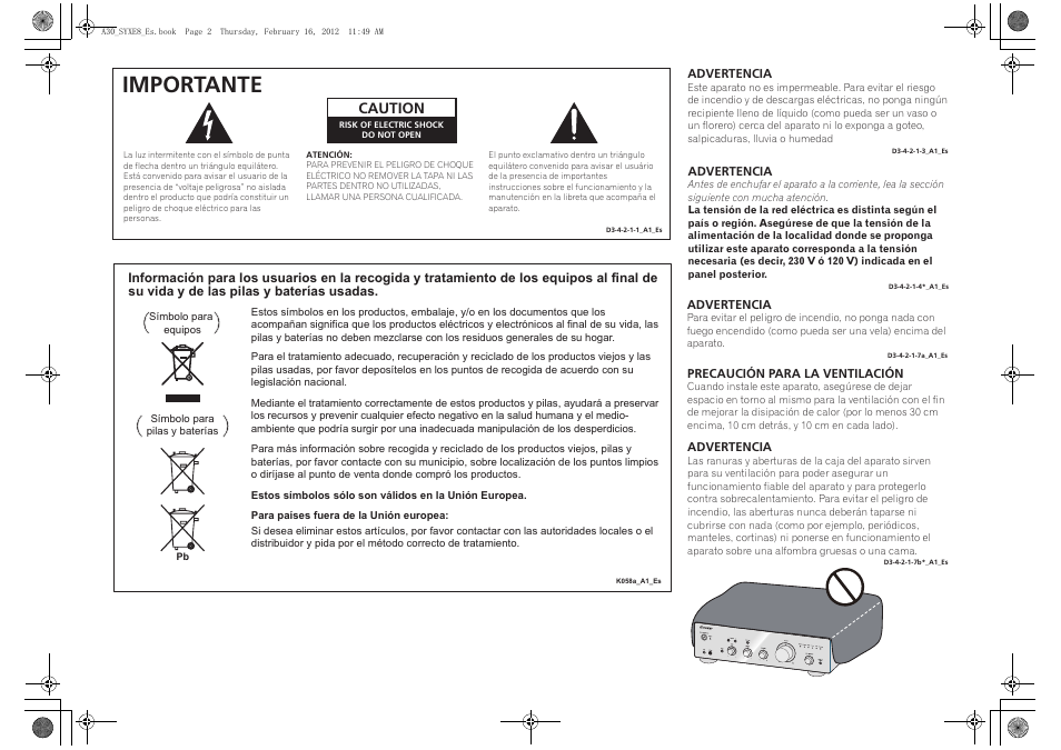 Important, Importante, Caution | Pioneer A-20-K User Manual | Page 62 / 88