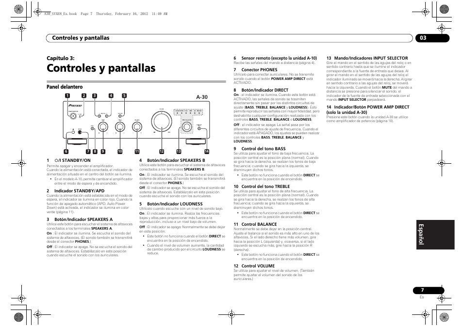 03 controles y pantallas, Panel delantero, Controles y pantallas | Pioneer A-20-K User Manual | Page 67 / 88