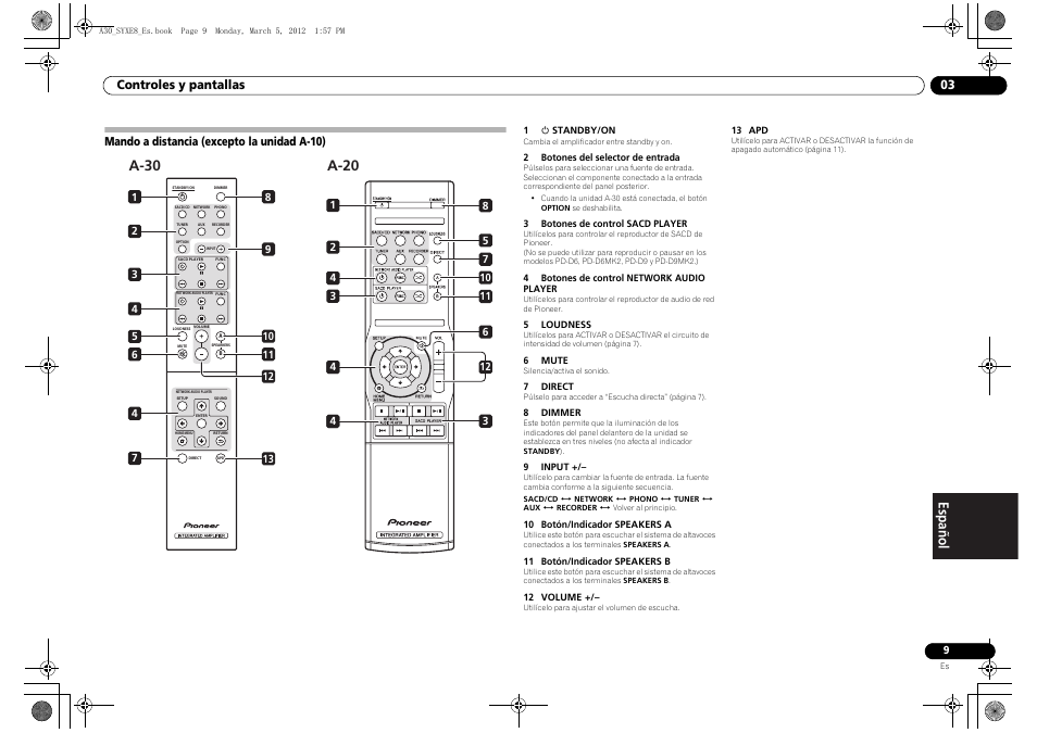 Mando a distancia (excepto la unidad a-10), A-30, A-20 | Pioneer A-20-K User Manual | Page 69 / 88