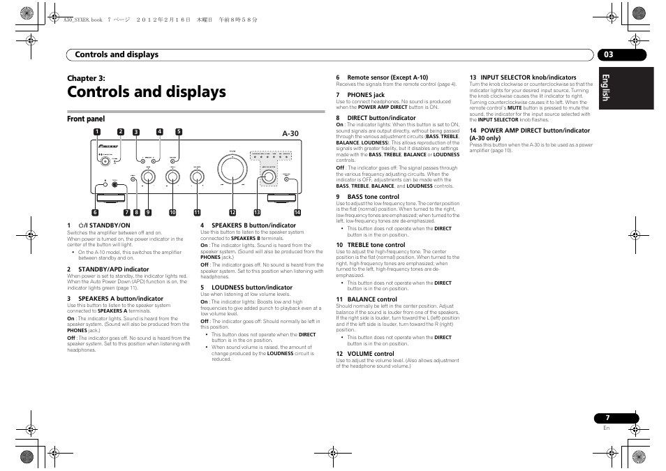 03 controls and displays, Front panel, Controls and displays | Pioneer A-20-K User Manual | Page 7 / 88