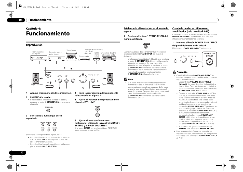 04 funcionamiento, Reproducción, Establecer la alimentación en el | Modo de espera, Cuando la unidad se utilice como amplificador, Solo la unidad a-30), Funcionamiento | Pioneer A-20-K User Manual | Page 70 / 88