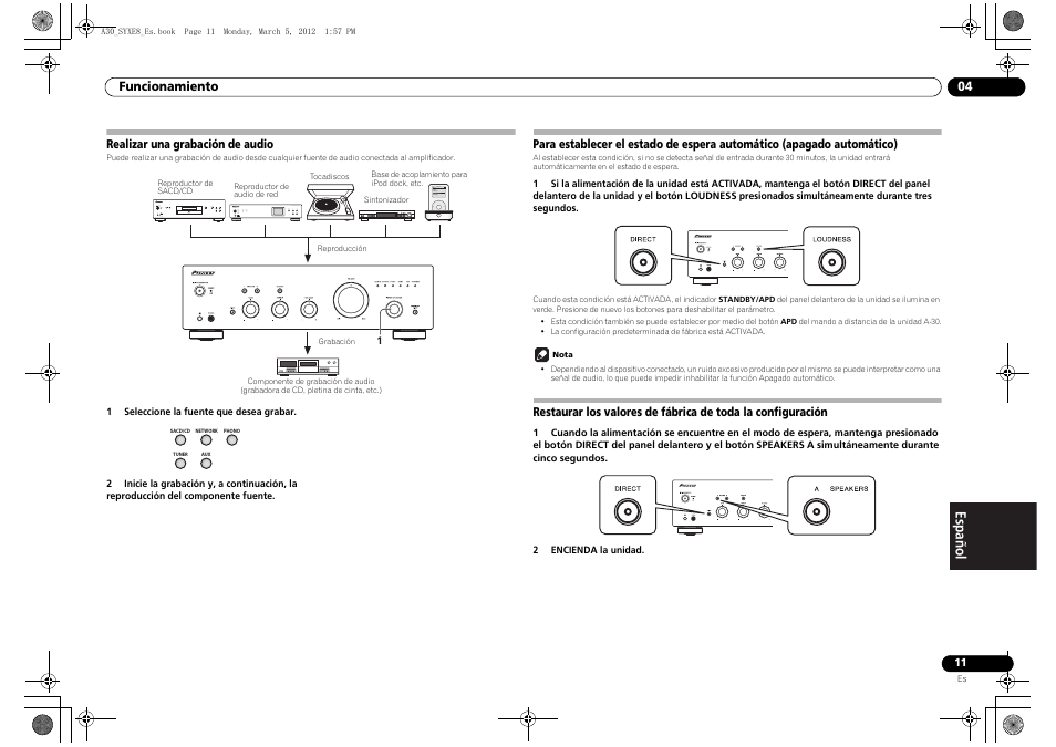 Realizar una grabación de audio, Para establecer el estado de espera automático, Apagado automático) | Pioneer A-20-K User Manual | Page 71 / 88