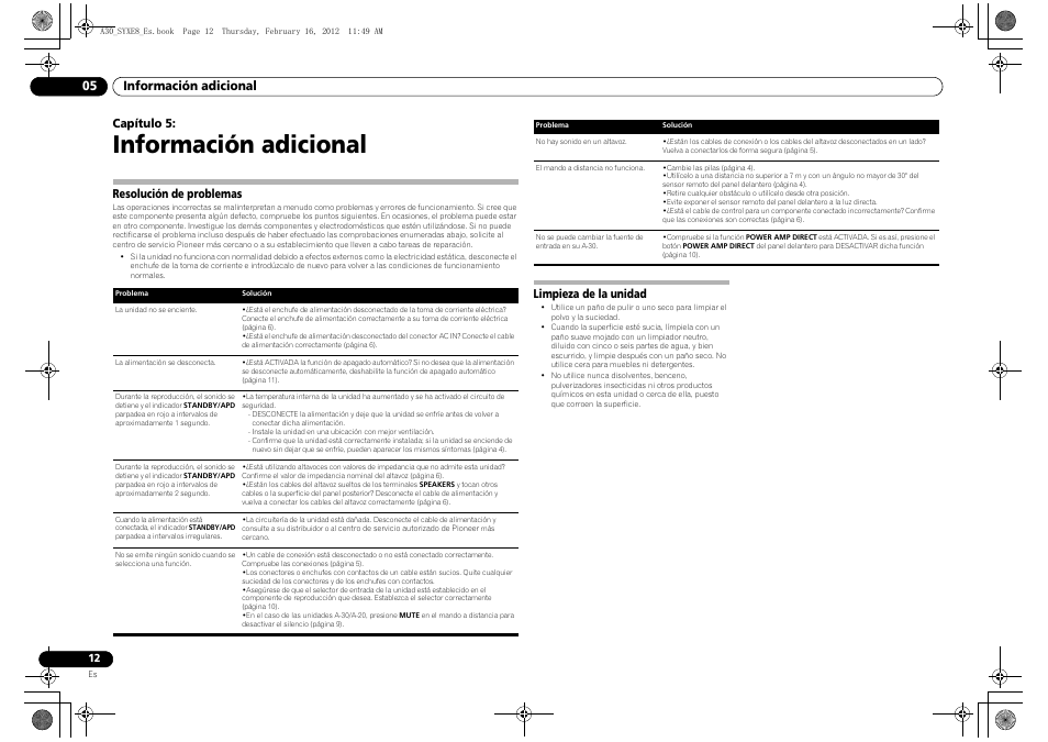 05 información adicional, Resolución de problemas, Limpieza de la unidad | Información adicional, Capítulo 5 | Pioneer A-20-K User Manual | Page 72 / 88
