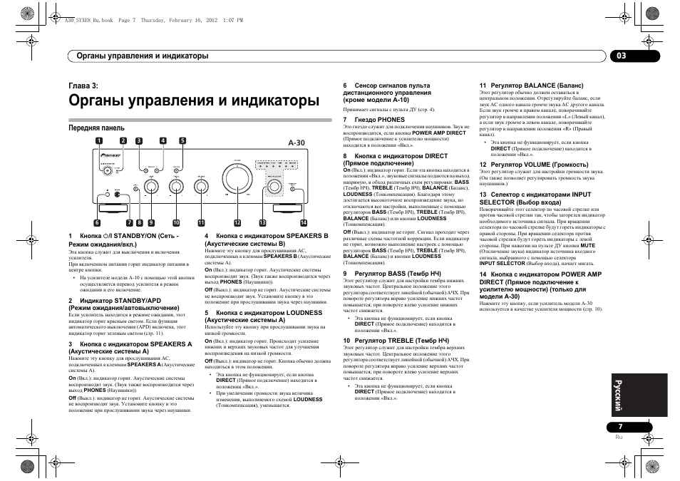 03 органы управления и индикаторы, Передняя панель, Органы управления и индикаторы | Pioneer A-20-K User Manual | Page 79 / 88