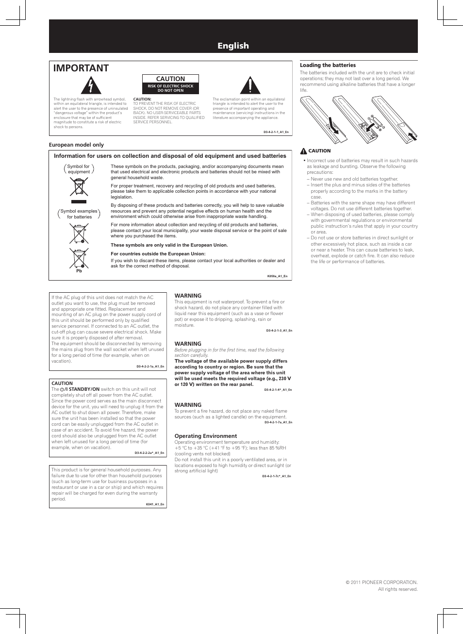 Safety brochure, Network audio player, Important | English, Caution | Pioneer N-50-K User Manual | Page 2 / 8