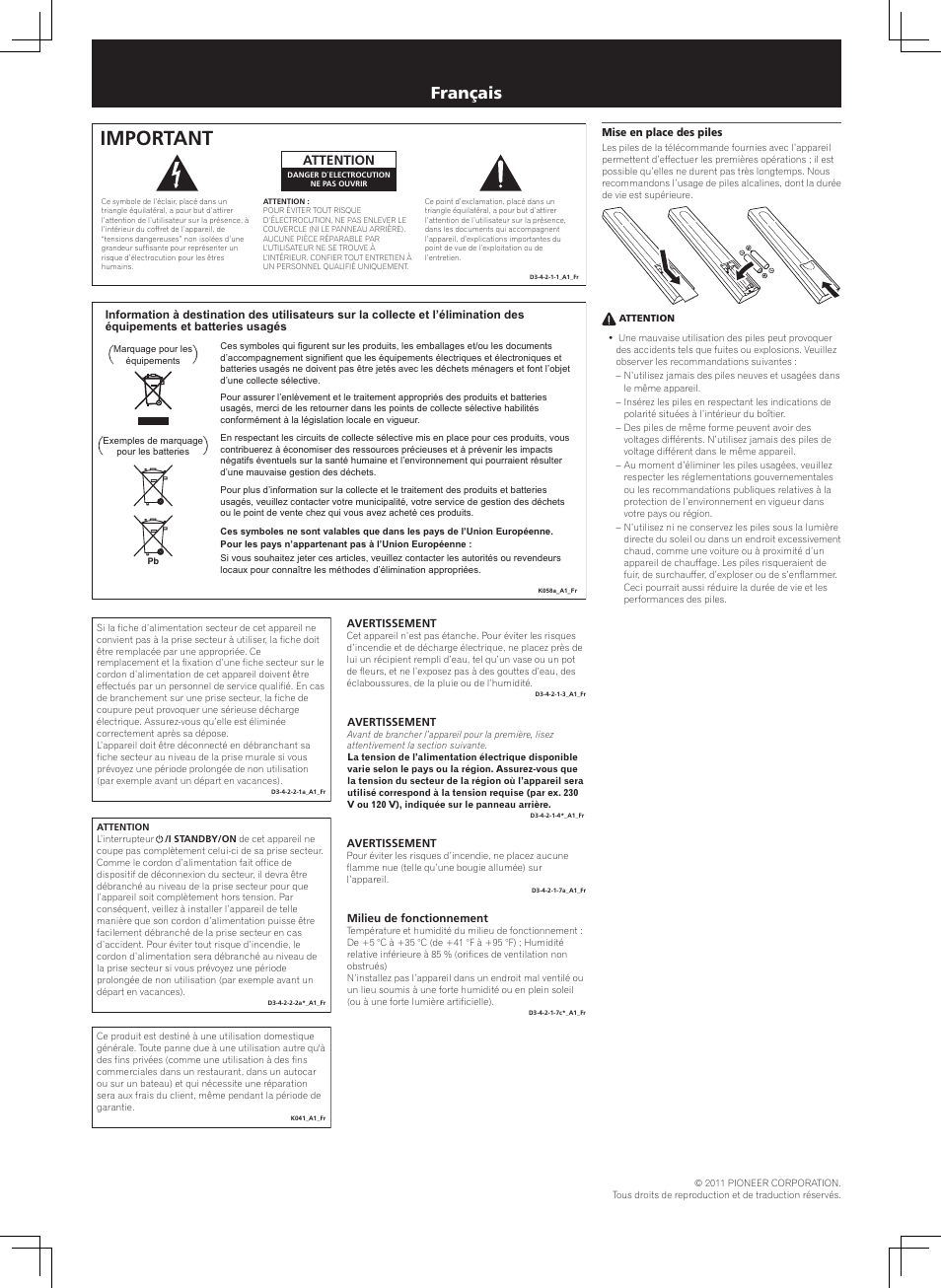 Instructions de sécurité, Lecteur réseau audiophile, Important | Français, Attention | Pioneer N-50-K User Manual | Page 3 / 8