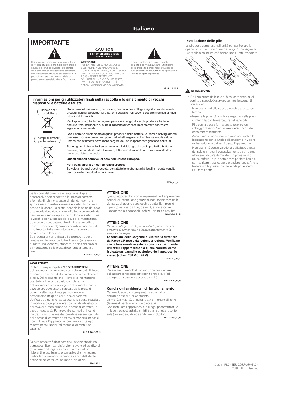 Istruzioni per la sicurezza, Lettore audio di rete, Importante | Italiano, Caution | Pioneer N-50-K User Manual | Page 5 / 8