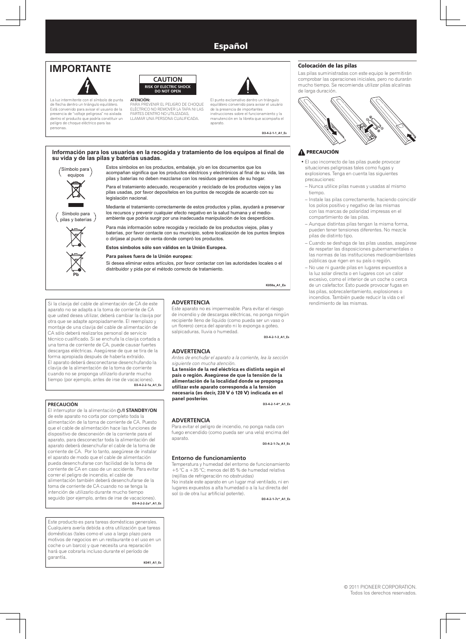 Folleto de seguridad, Reproductor network audio, Importante | Español, Caution | Pioneer N-50-K User Manual | Page 7 / 8