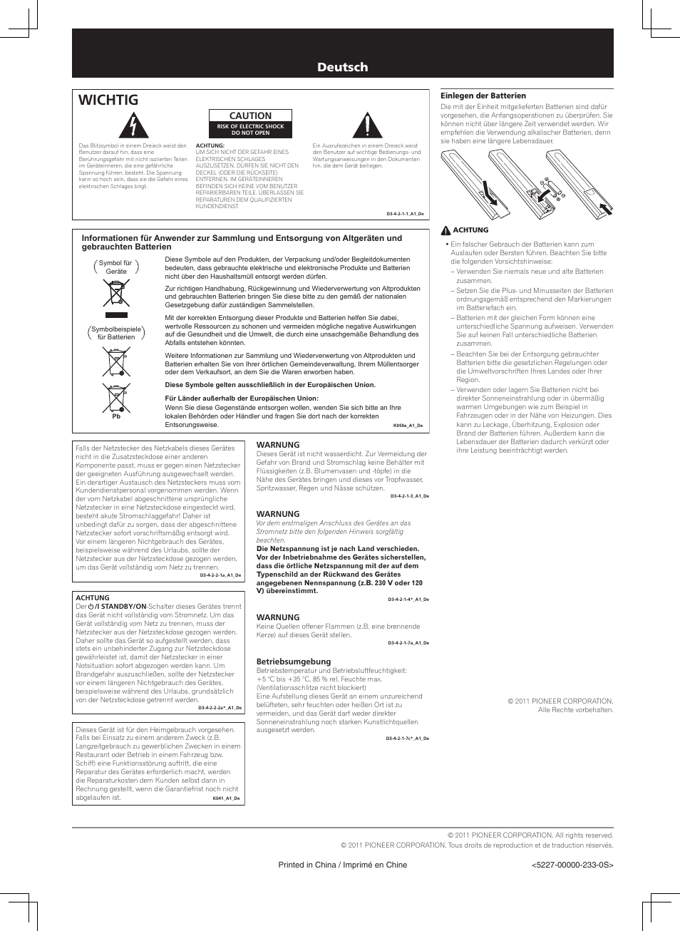 Sicherheitsbroschüre, Network audio player, Wichtig | Deutsch, Caution | Pioneer N-50-K User Manual | Page 8 / 8