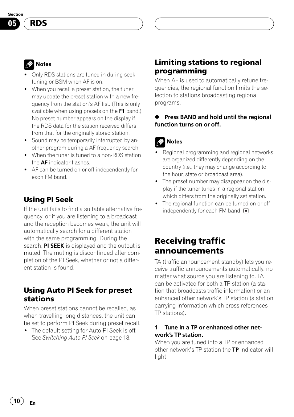 Using pi seek 10, Using auto pi seek for preset, Stations 10 | Limiting stations to regional, Programming 10, Receiving traffic announcements 10, Receiving traffic announcements, Using pi seek, Using auto pi seek for preset stations, Limiting stations to regional programming | Pioneer DEH-1530R User Manual | Page 10 / 128