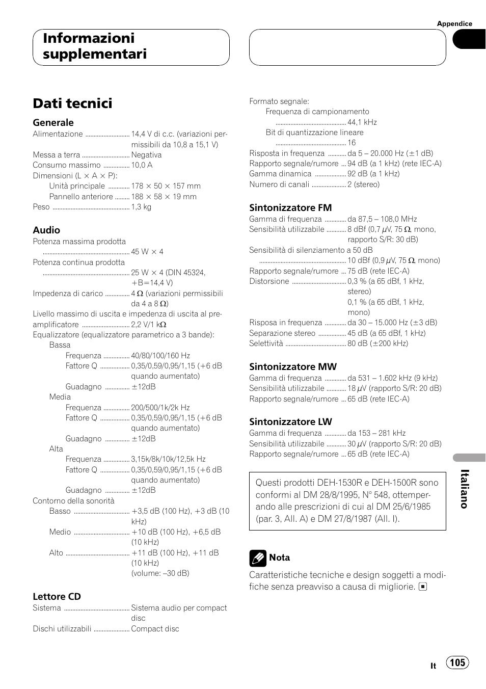 Dati tecnici 105, Dati tecnici, Informazioni supplementari | Italiano | Pioneer DEH-1530R User Manual | Page 105 / 128