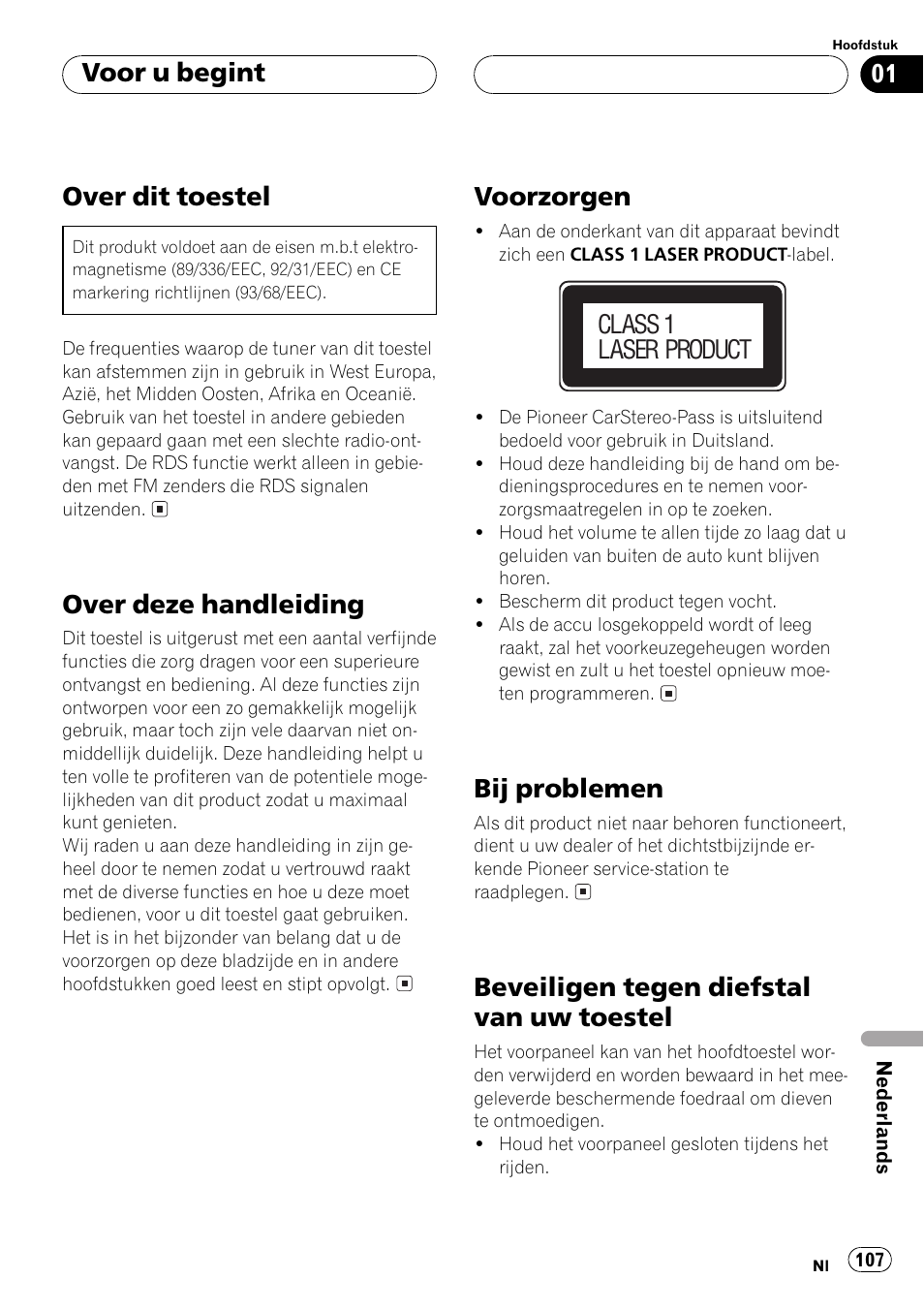 Voor u begint over dit toestel 107, Over deze handleiding 107, Voorzorgen 107 | Bij problemen 107, Beveiligen tegen diefstal van uw toestel 107, Over dit toestel, Over deze handleiding, Voorzorgen, Bij problemen, Beveiligen tegen diefstal van uwtoestel | Pioneer DEH-1530R User Manual | Page 107 / 128