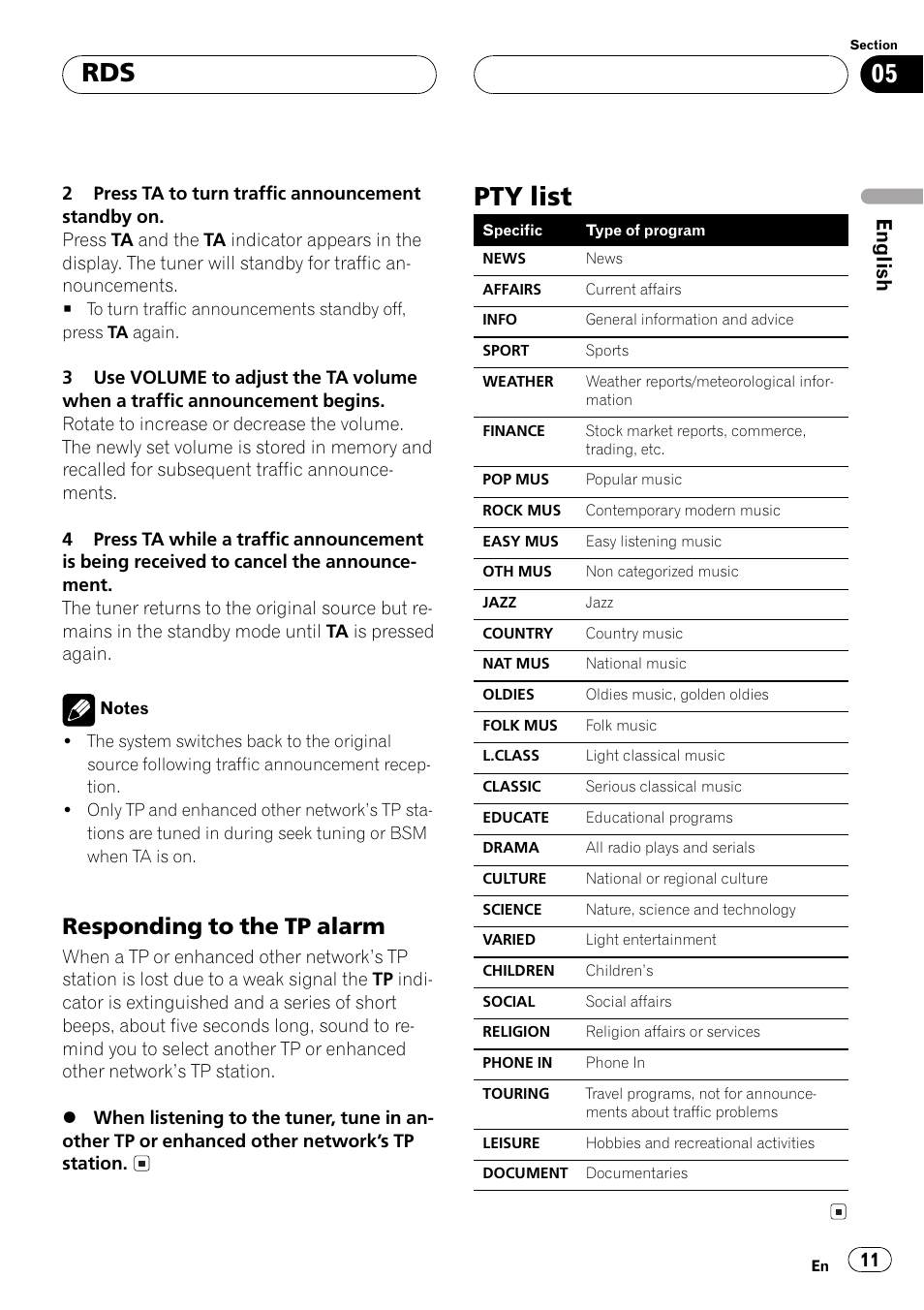 Responding to the tp alarm 11, Pty list 11, Pty list | Responding to the tp alarm, English | Pioneer DEH-1530R User Manual | Page 11 / 128