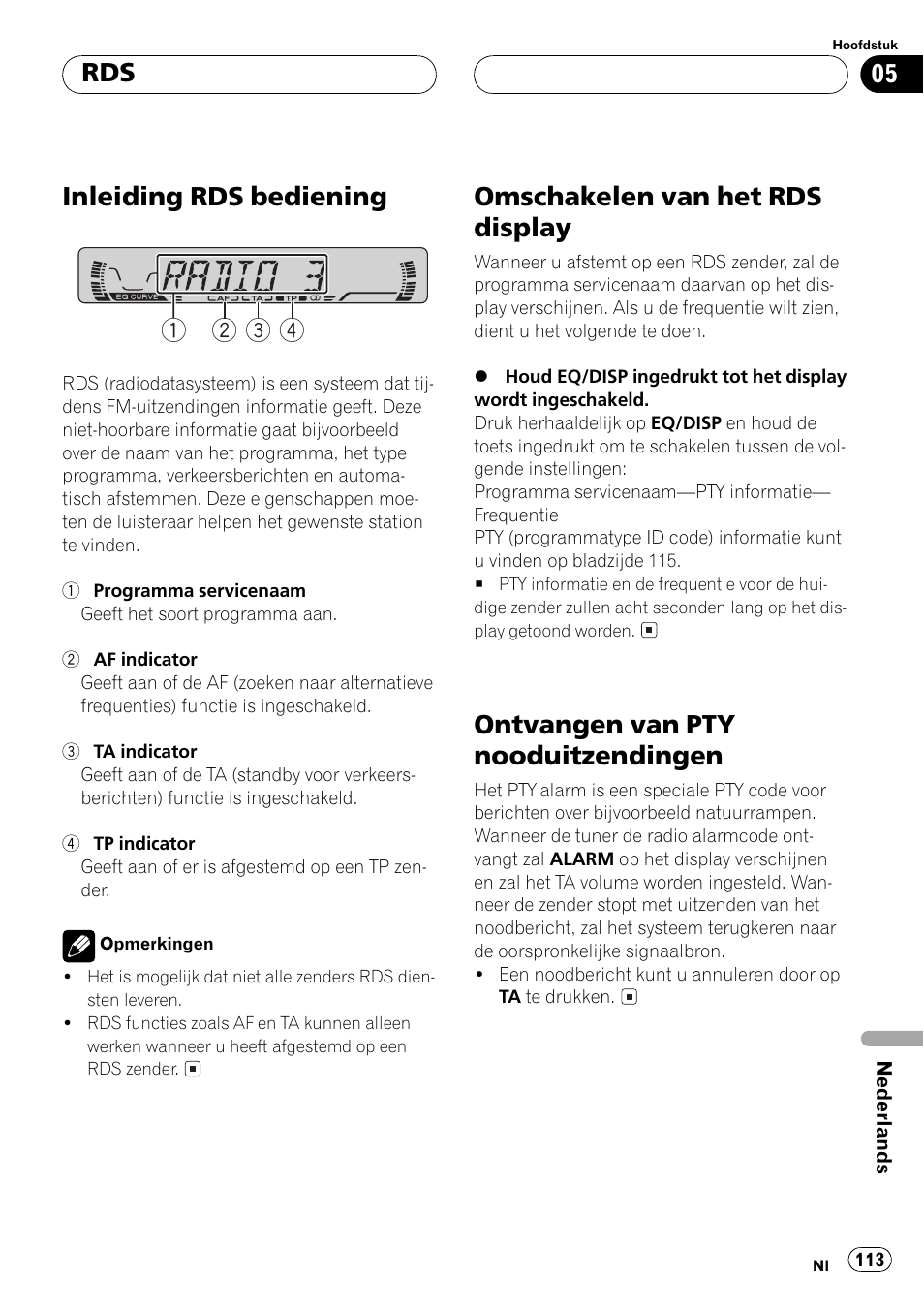 Inleiding rds bediening 113, Omschakelen van het rds display 113, Ontvangen van pty nooduitzendingen 113 | Inleiding rds bediening 1 2 3 4, Omschakelen van het rds display, Ontvangen van pty nooduitzendingen | Pioneer DEH-1530R User Manual | Page 113 / 128