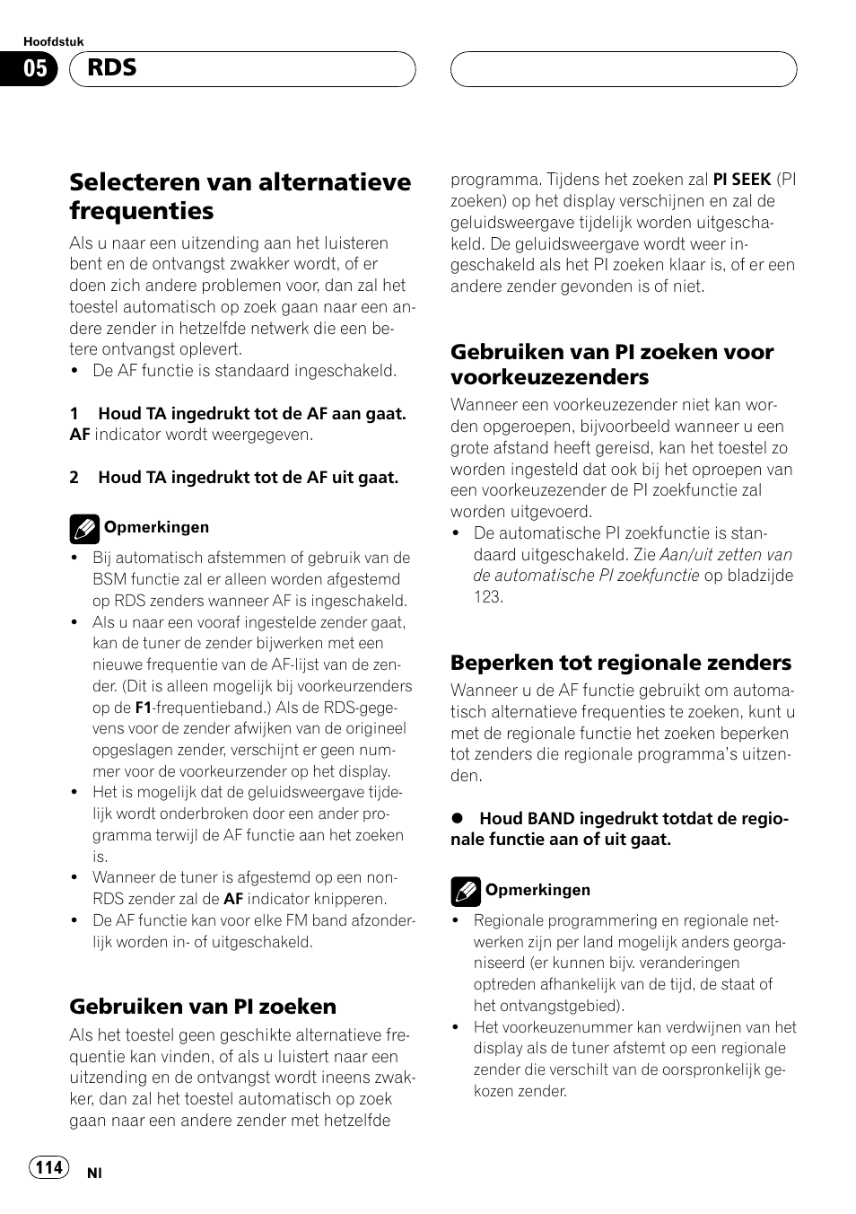 Selecteren van alternatieve frequenties 114, Gebruiken van pi zoeken 114, Gebruiken van pi zoeken voor | Voorkeuzezenders 114, Beperken tot regionale zenders 114, Selecteren van alternatieve frequenties, Gebruiken van pi zoeken, Gebruiken van pi zoeken voor voorkeuzezenders, Beperken tot regionale zenders | Pioneer DEH-1530R User Manual | Page 114 / 128