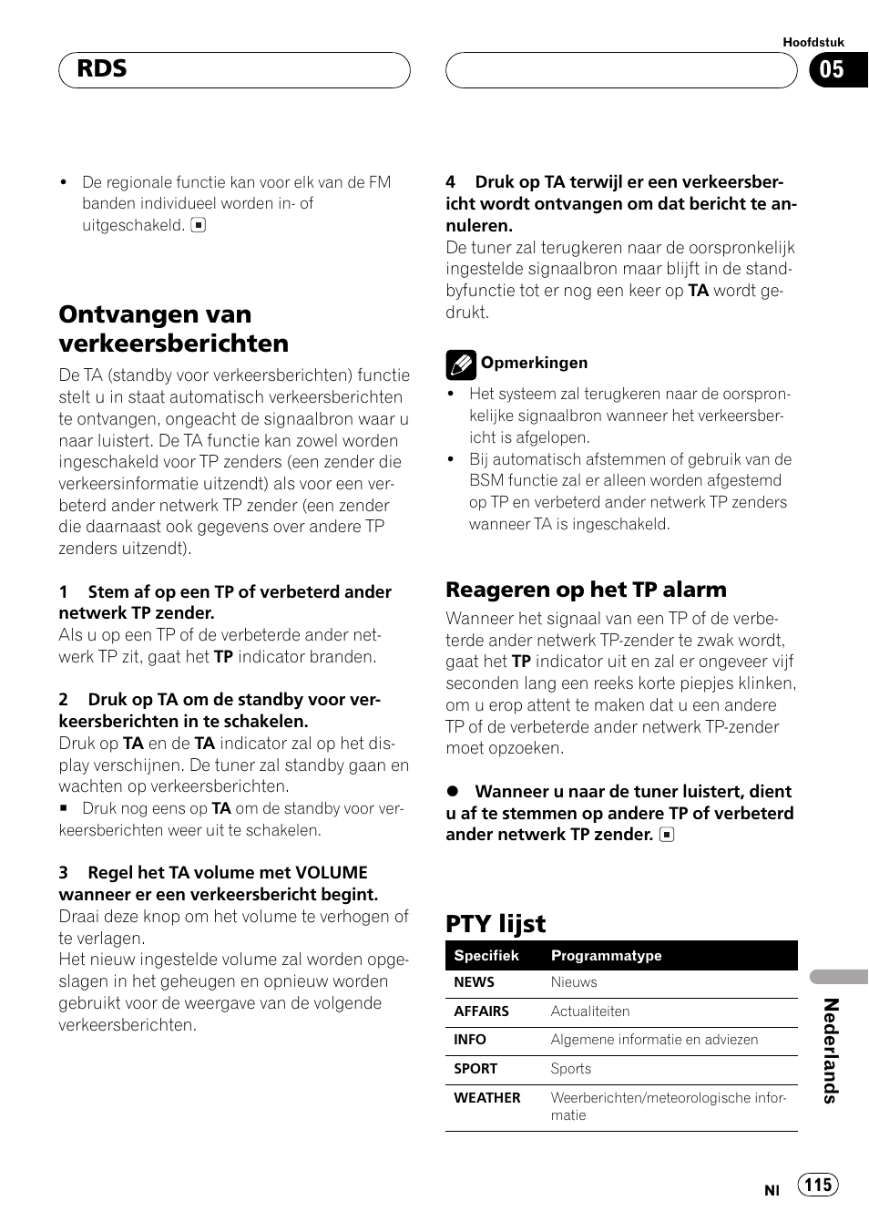 Ontvangen van verkeersberichten 115, Reageren op het tp alarm 115, Pty lijst 115 | Ontvangen van verkeersberichten, Pty lijst, Reageren op het tp alarm | Pioneer DEH-1530R User Manual | Page 115 / 128