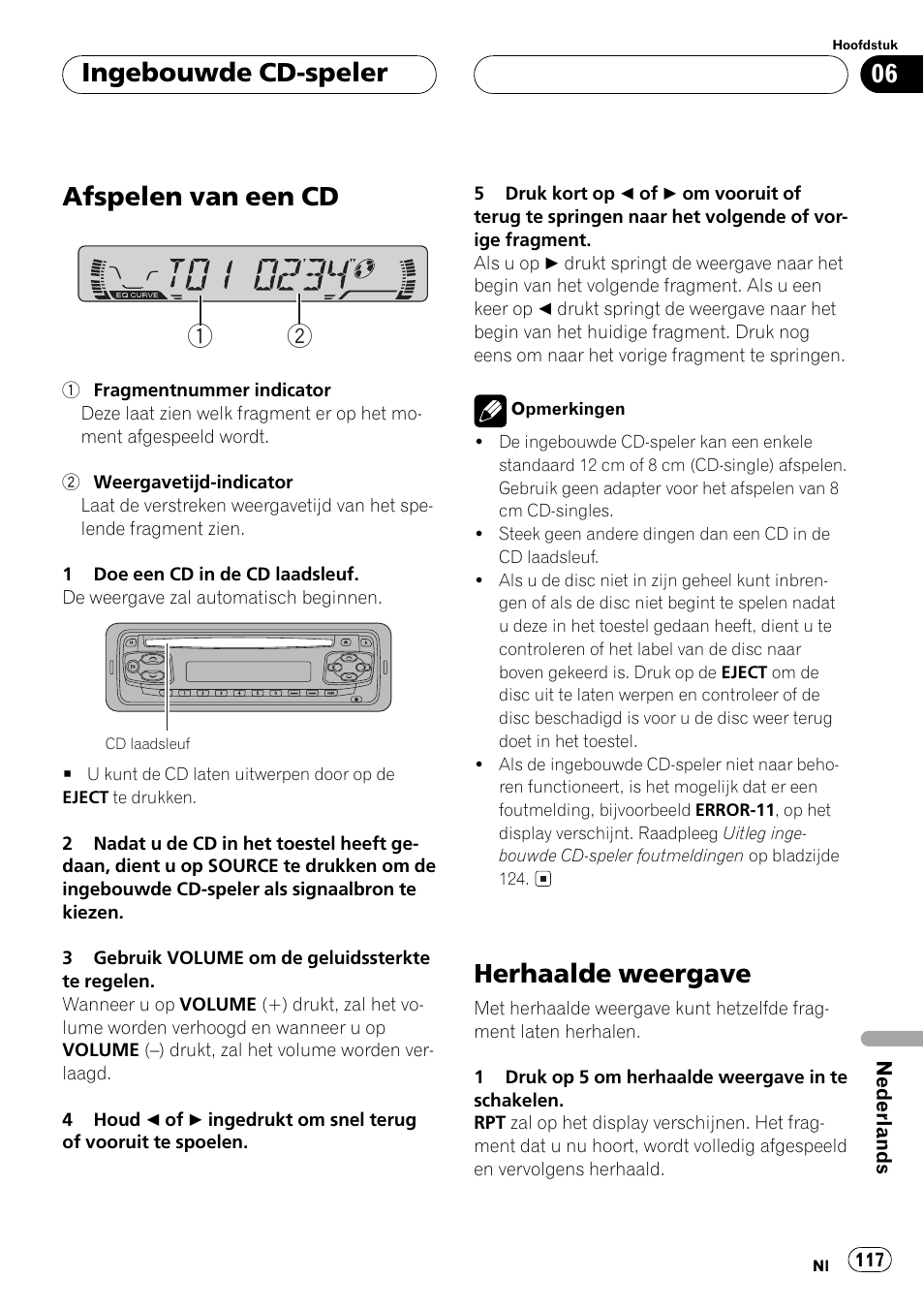 Ingebouwde cd-speler, Afspelen van een cd 117, Herhaalde weergave 117 | Afspelen van een cd 1 2, Herhaalde weergave | Pioneer DEH-1530R User Manual | Page 117 / 128