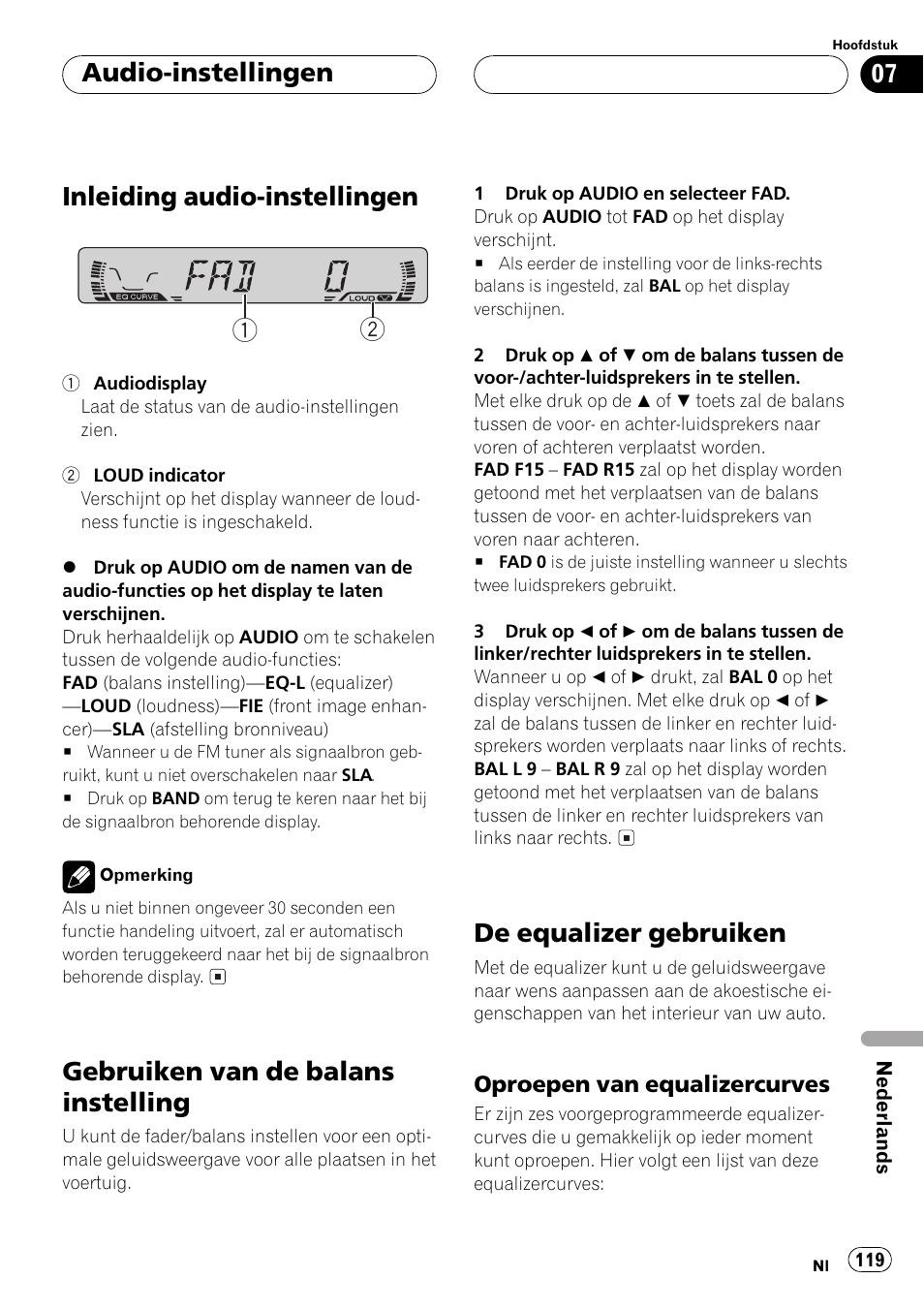 Audio-instellingen, Inleiding audio-instellingen 119, Gebruiken van de balans instelling 119 | De equalizer gebruiken 119, Oproepen van equalizercurves 119, Inleiding audio-instellingen 1 2, Gebruiken van de balans instelling, De equalizer gebruiken | Pioneer DEH-1530R User Manual | Page 119 / 128