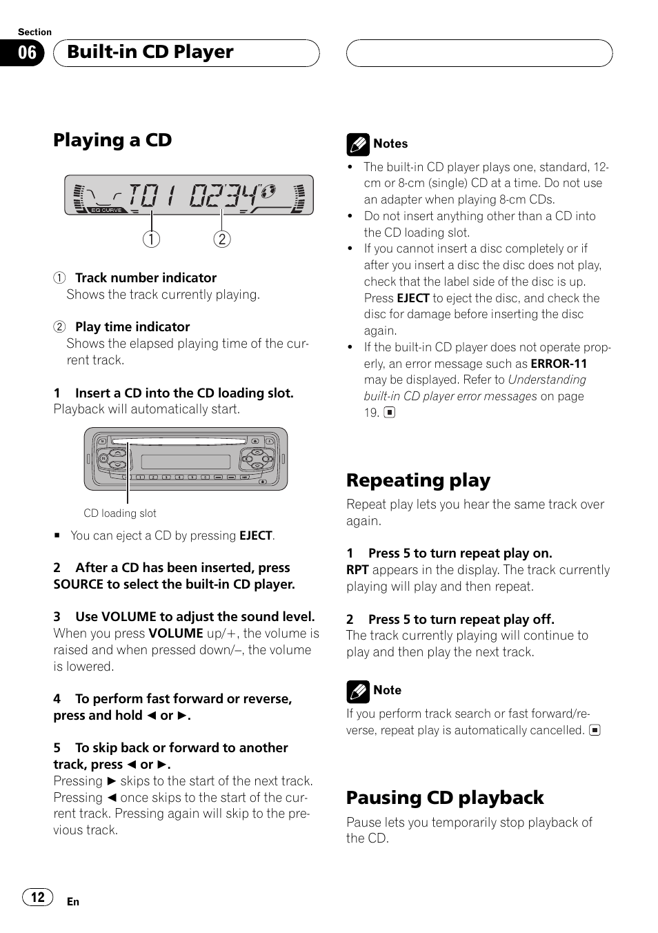 Playing a cd 1 2, Repeating play, Pausing cd playback | Built-in cd player | Pioneer DEH-1530R User Manual | Page 12 / 128