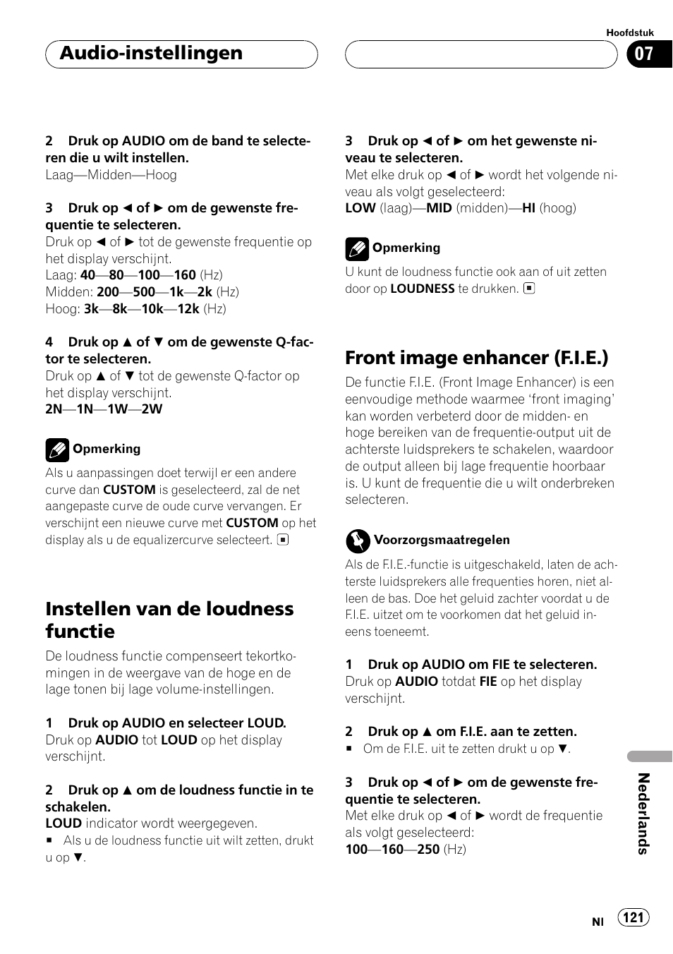 Instellen van de loudness functie 121, Front image enhancer (f.i.e.) 121, Instellen van de loudness functie | Front image enhancer (f.i.e.), Audio-instellingen | Pioneer DEH-1530R User Manual | Page 121 / 128