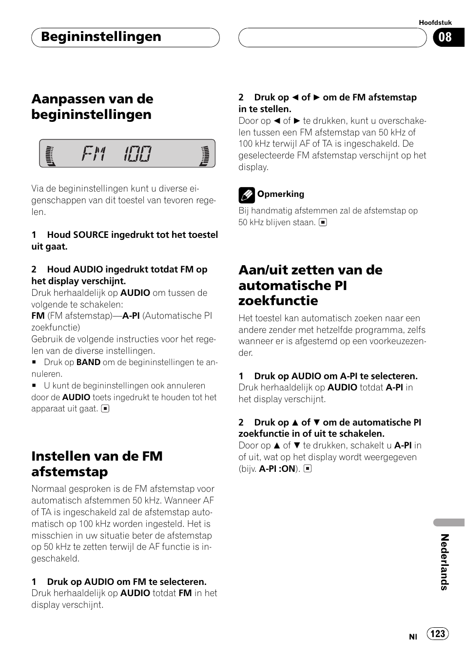 Begininstellingen, Aanpassen van de begininstellingen 123, Instellen van de fm afstemstap 123 | Aan/uit zetten van de automatische pi, Zoekfunctie 123, Aanpassen van de begininstellingen, Instellen van de fm afstemstap, Aan/uit zetten van de automatische pi zoekfunctie | Pioneer DEH-1530R User Manual | Page 123 / 128