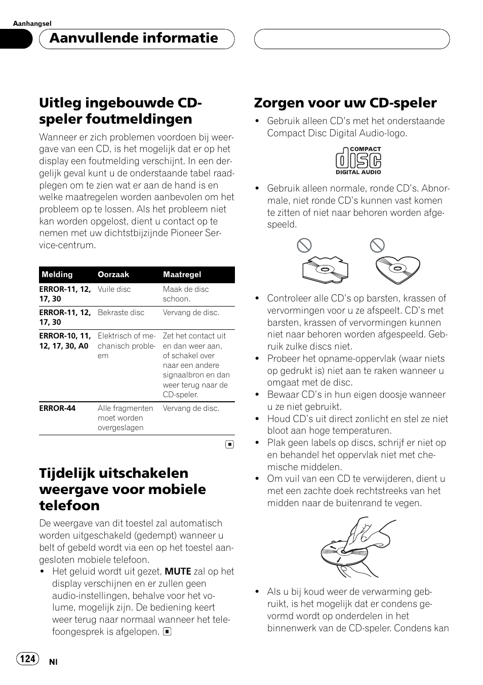 Aanvullende informatie, Uitleg ingebouwde cd-speler, Foutmeldingen 124 | Tijdelijk uitschakelen weergave voor mobiele, Telefoon 124, Zorgen voor uw cd-speler 124, Uitleg ingebouwde cd- speler foutmeldingen, Zorgen voor uwcd-speler | Pioneer DEH-1530R User Manual | Page 124 / 128