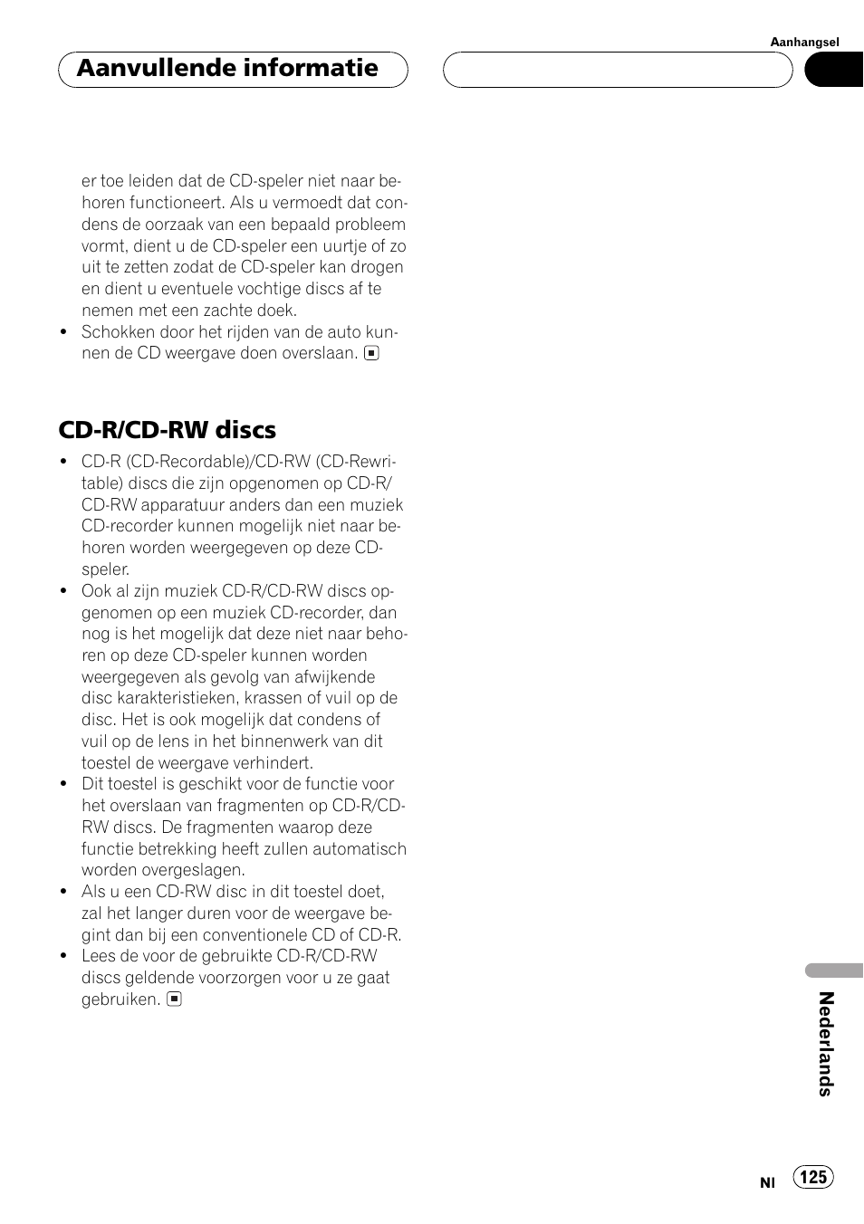 Cd-r/cd-rw discs 125, Cd-r/cd-rw discs, Aanvullende informatie | Pioneer DEH-1530R User Manual | Page 125 / 128