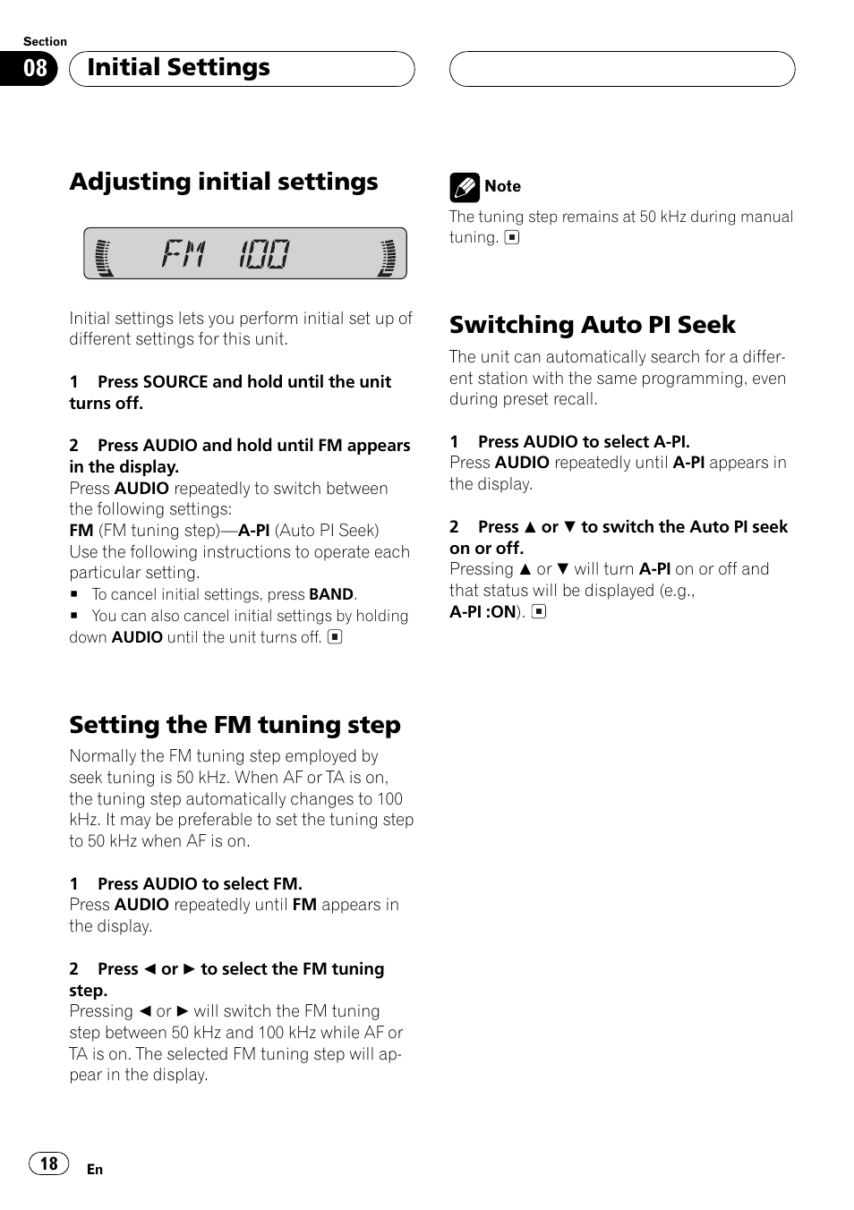 Adjusting initial settings, Setting the fm tuning step, Switching auto pi seek | Initial settings | Pioneer DEH-1530R User Manual | Page 18 / 128