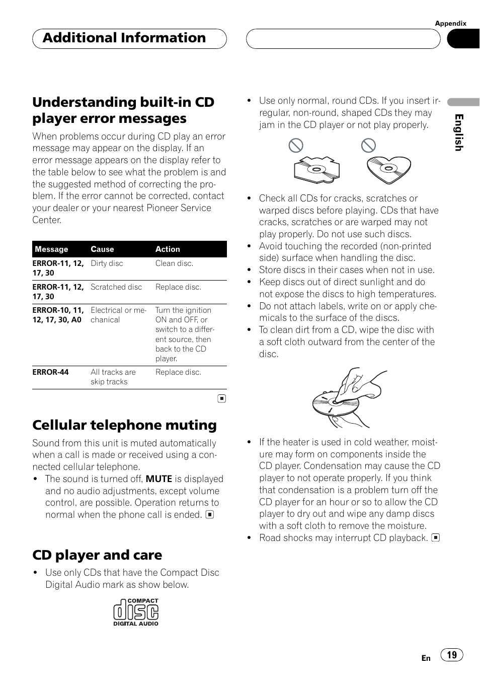 Messages 19, Cellular telephone muting 19 cd player and care 19, Understanding built-in cd player error messages | Cellular telephone muting, Cd player and care, Additional information | Pioneer DEH-1530R User Manual | Page 19 / 128