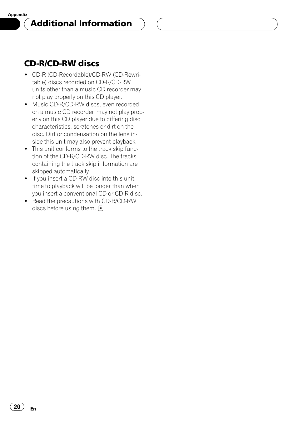 Cd-r/cd-rw discs 20, Cd-r/cd-rw discs, Additional information | Pioneer DEH-1530R User Manual | Page 20 / 128