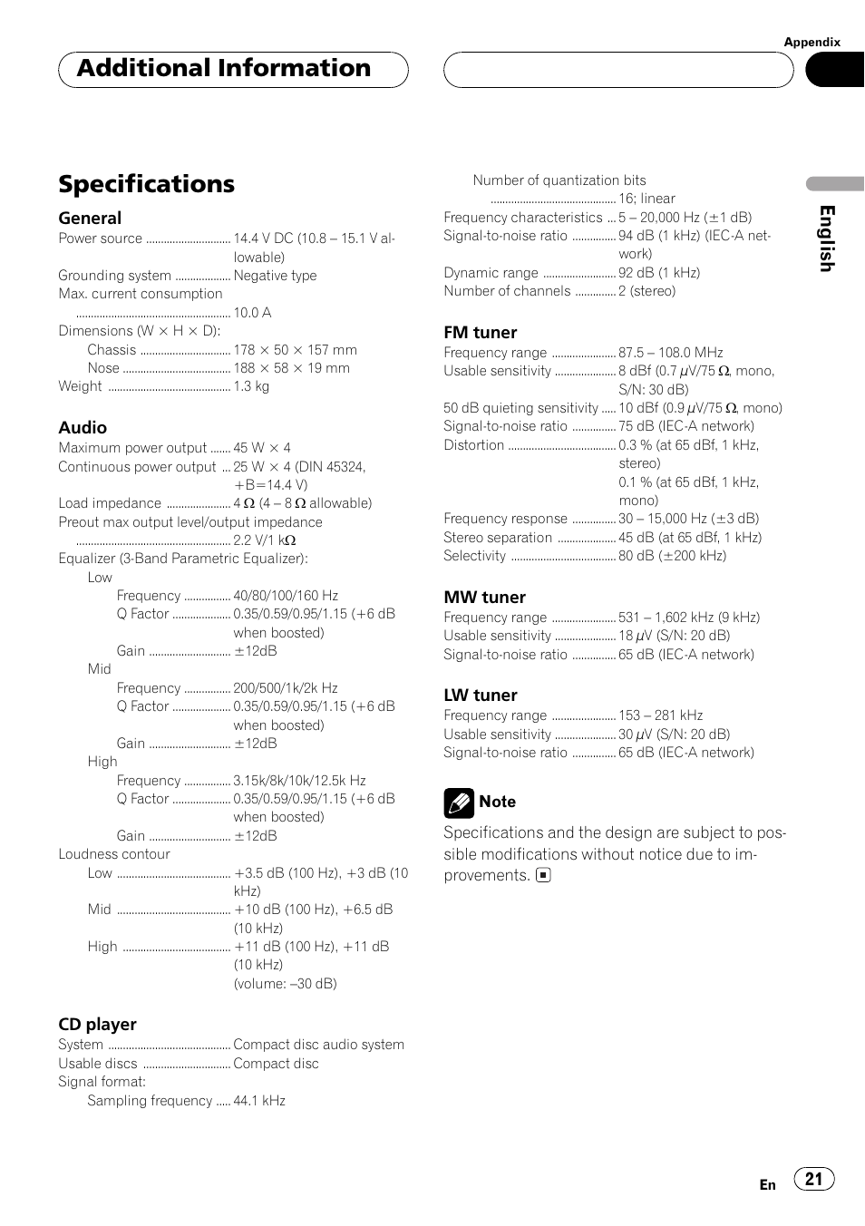 Specifications 21, Specifications, Additional information | English | Pioneer DEH-1530R User Manual | Page 21 / 128