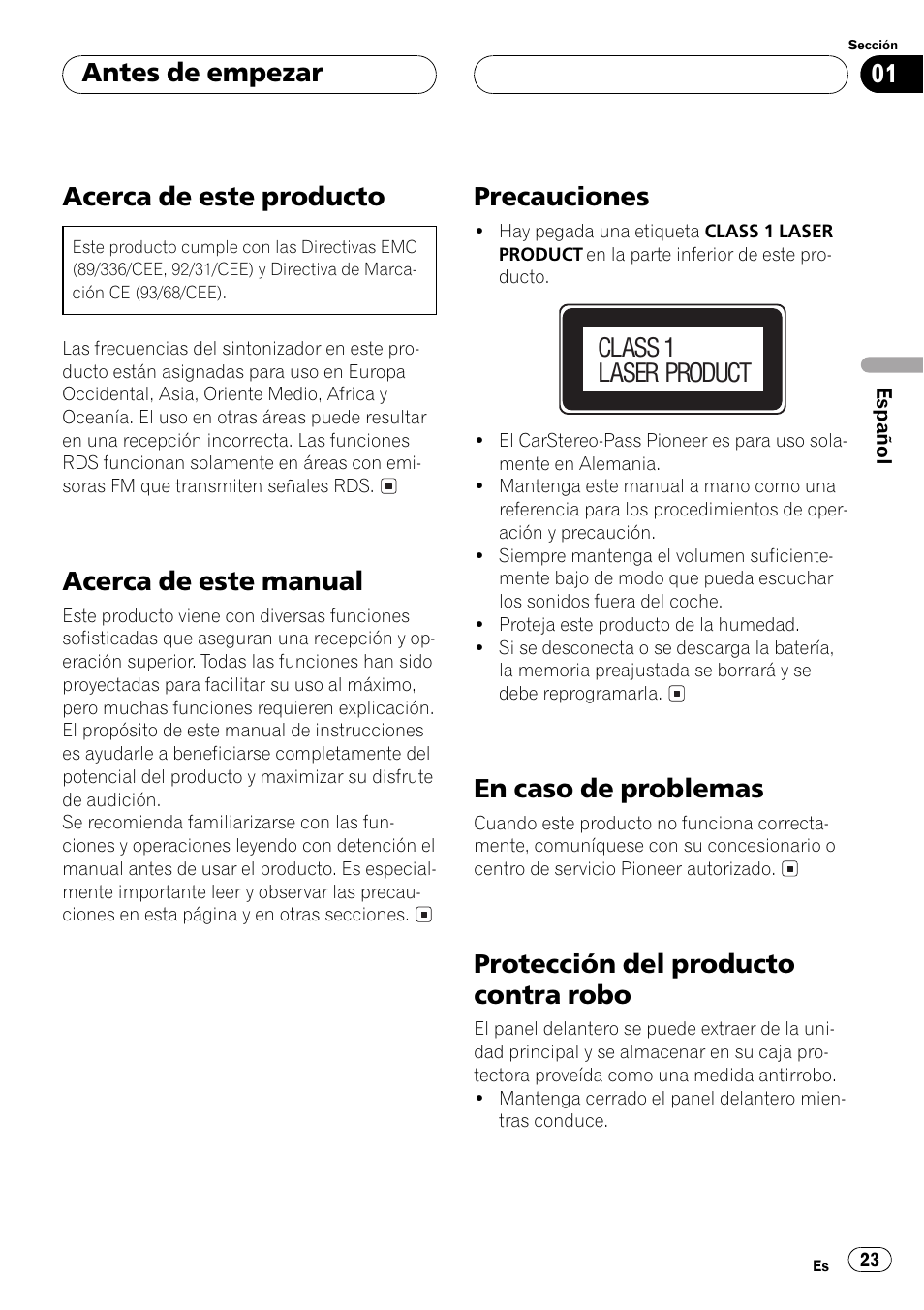 Acerca de este producto, Acerca de este manual, Precauciones | En caso de problemas, Protección del producto contra robo, Antes de empezar, Class 1 laser product | Pioneer DEH-1530R User Manual | Page 23 / 128