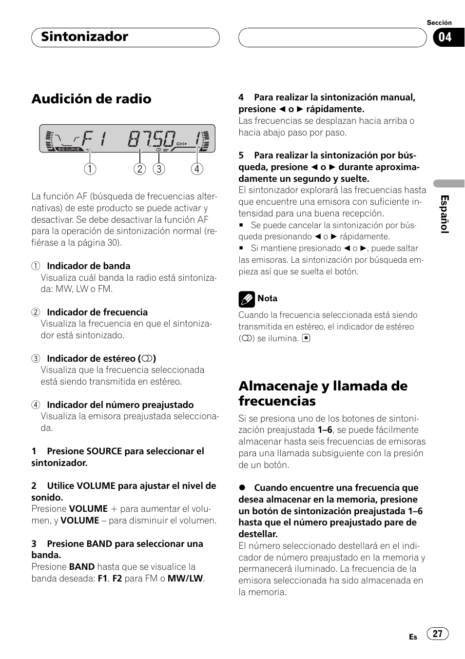 Audición de radio 1 2 3 4, Almacenaje y llamada de frecuencias, Sintonizador | Pioneer DEH-1530R User Manual | Page 27 / 128