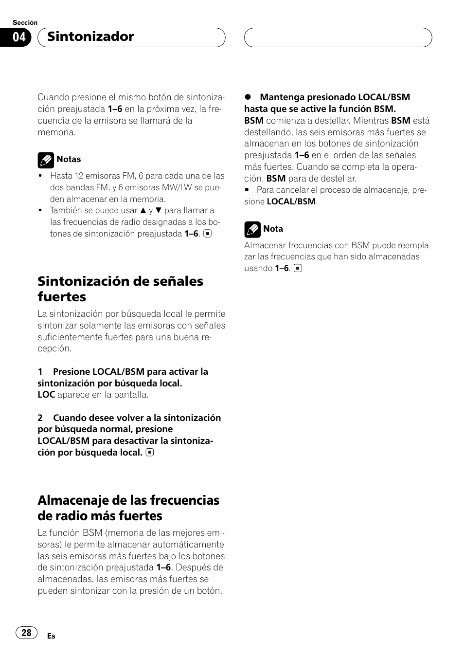 Fuertes 28, Sintonización de señales fuertes, Almacenaje de las frecuencias de radio más fuertes | Sintonizador | Pioneer DEH-1530R User Manual | Page 28 / 128