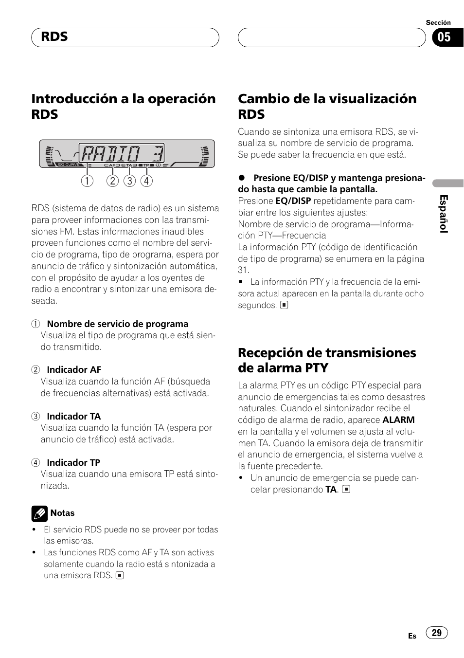 Pty 29, Introducción a la operación rds 1 2 3 4, Cambio de la visualización rds | Recepción de transmisiones de alarma pty | Pioneer DEH-1530R User Manual | Page 29 / 128