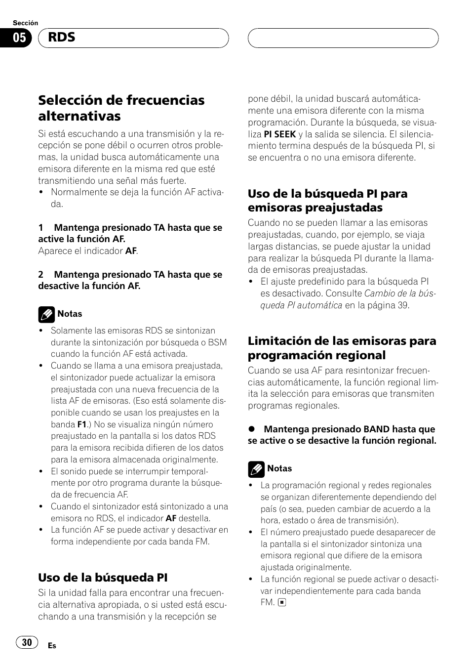 Selección de frecuencias alternativas 30, Uso de la búsqueda pi 30, Uso de la búsqueda pi para emisoras | Preajustadas 30, Limitación de las emisoras para, Programación regional 30, Selección de frecuencias alternativas, Uso de la búsqueda pi, Uso de la búsqueda pi para emisoras preajustadas | Pioneer DEH-1530R User Manual | Page 30 / 128