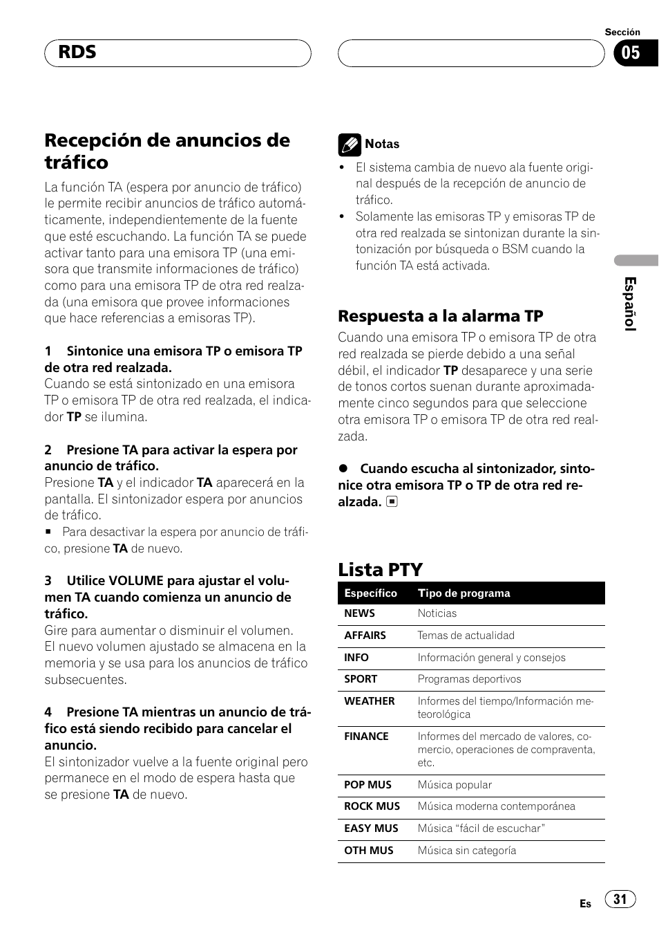 Recepción de anuncios de tráfico 31, Respuesta a la alarma tp 31, Lista pty 31 | Recepción de anuncios de tráfico, Lista pty, Respuesta a la alarma tp | Pioneer DEH-1530R User Manual | Page 31 / 128