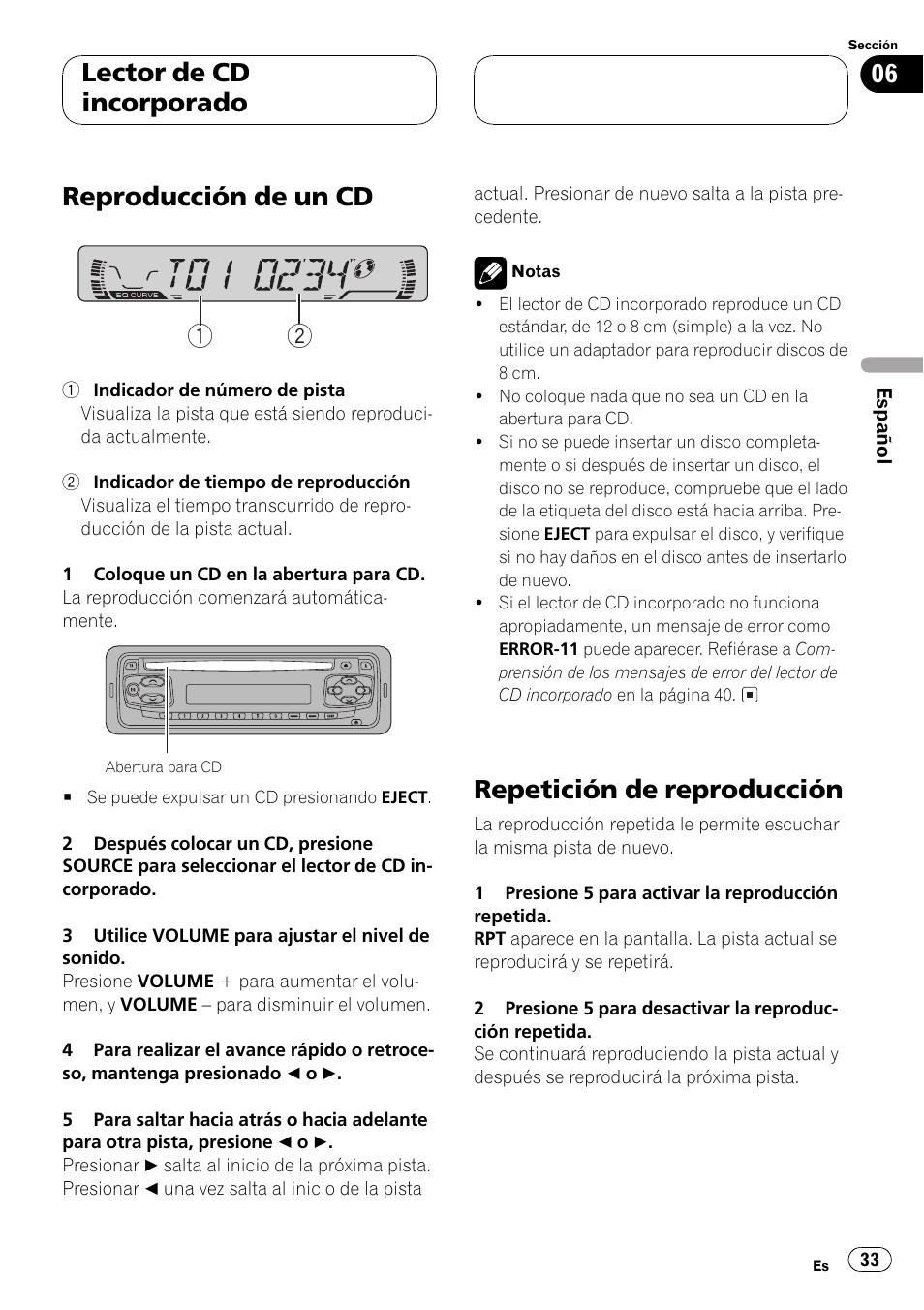 Reproducción de un cd 1 2, Repetición de reproducción, Lector de cd incorporado | Pioneer DEH-1530R User Manual | Page 33 / 128