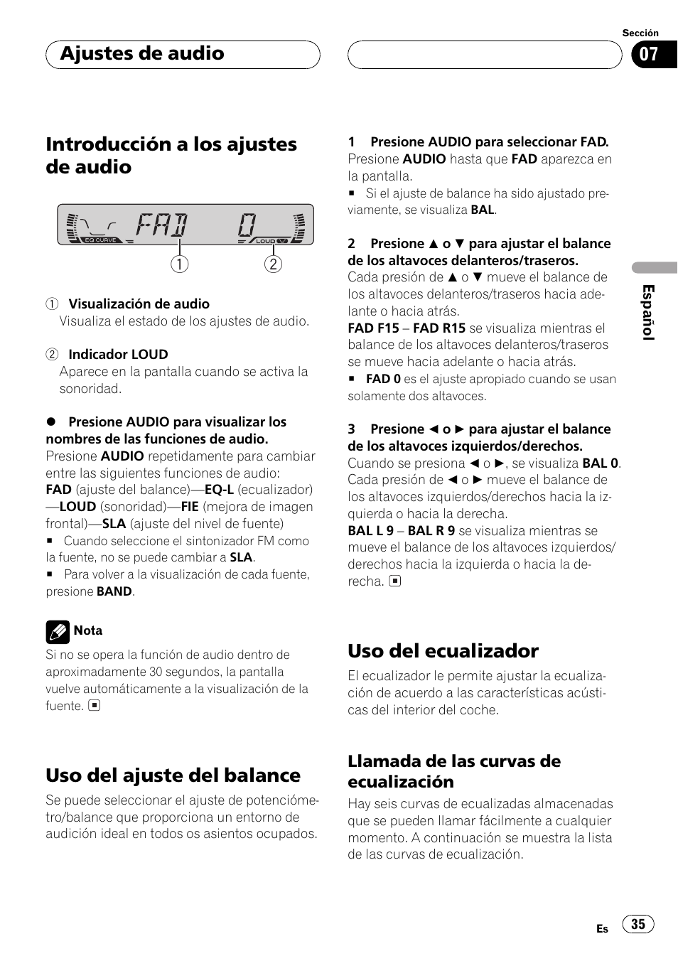 Llamada de las curvas de, Ecualización 35, Introducción a los ajustes de audio 1 2 | Uso del ajuste del balance, Uso del ecualizador, Ajustes de audio | Pioneer DEH-1530R User Manual | Page 35 / 128