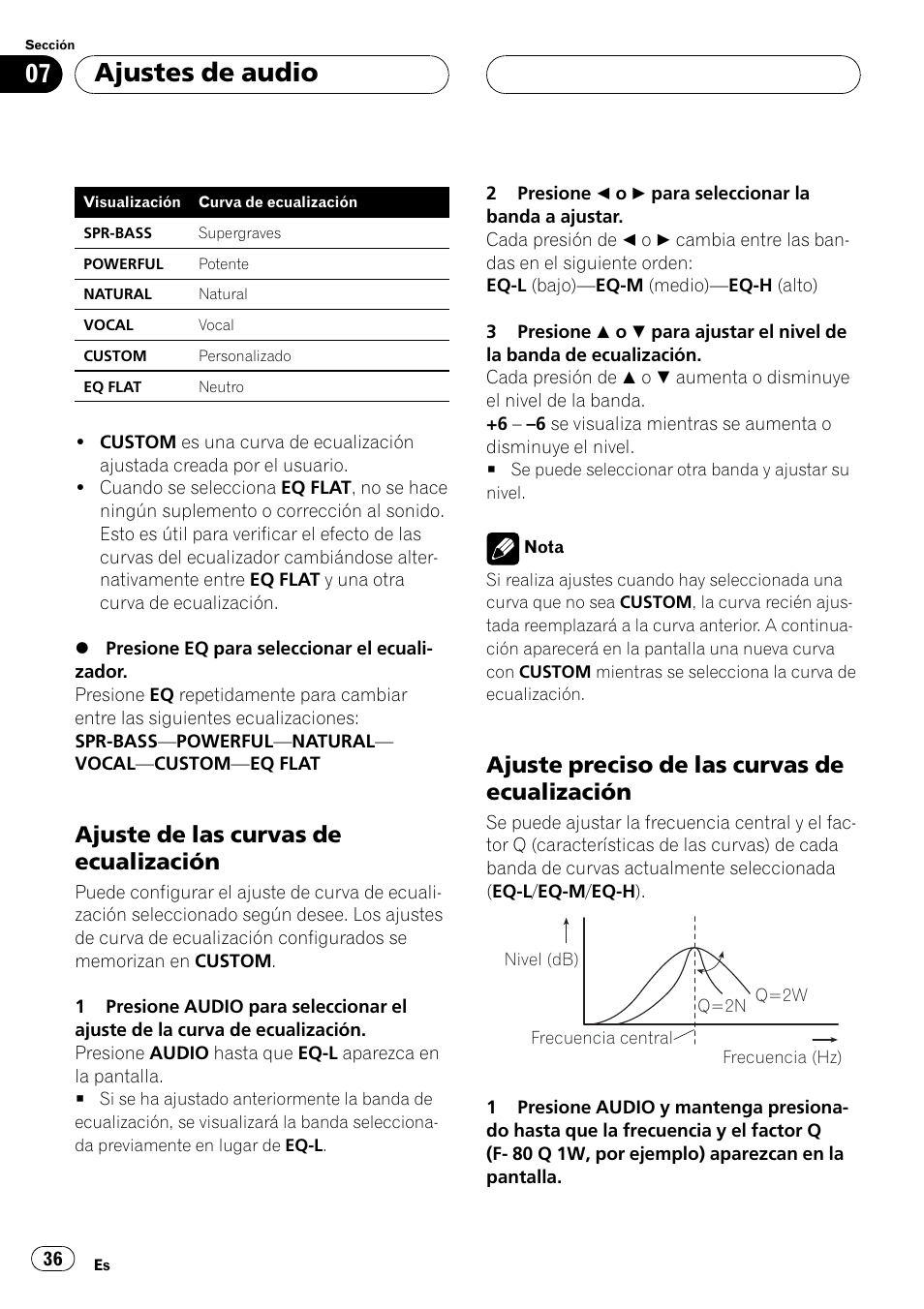 Ajuste de las curvas de, Ecualización 36, Ajuste preciso de las curvas de | Ajustes de audio, Ajuste de las curvas de ecualización, Ajuste preciso de las curvas de ecualización | Pioneer DEH-1530R User Manual | Page 36 / 128