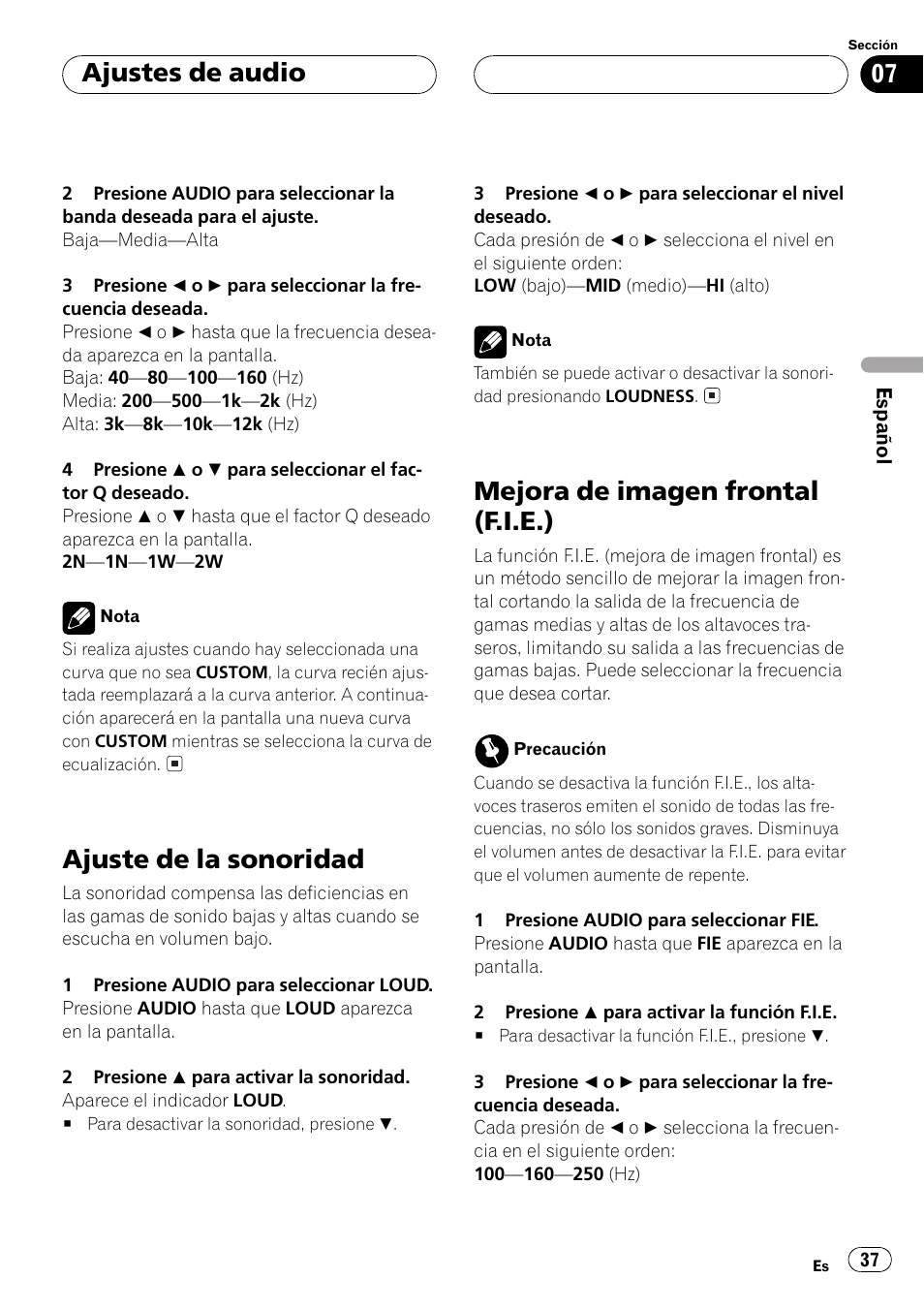 Ajuste de la sonoridad, Mejora de imagen frontal (f.i.e.), Ajustes de audio | Pioneer DEH-1530R User Manual | Page 37 / 128