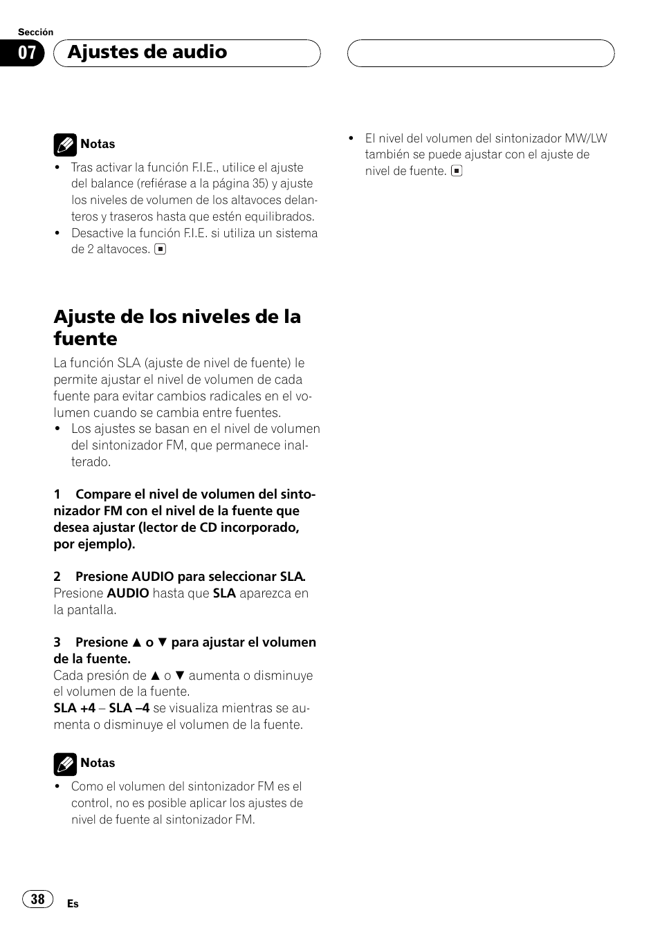 Ajuste de los niveles de la fuente 38, Ajuste de los niveles de la fuente, Ajustes de audio | Pioneer DEH-1530R User Manual | Page 38 / 128