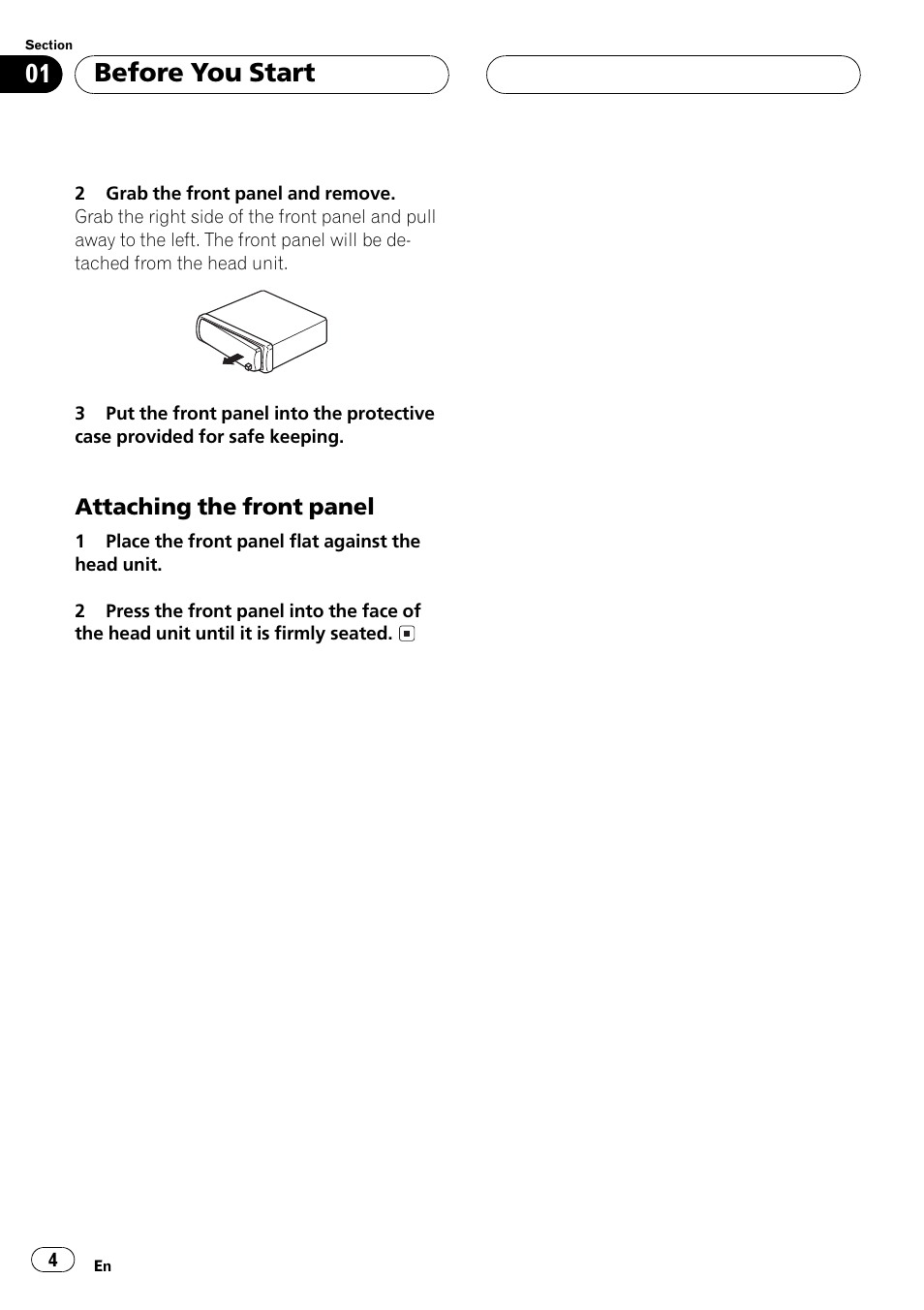 Attaching the front panel 4, Before you start | Pioneer DEH-1530R User Manual | Page 4 / 128