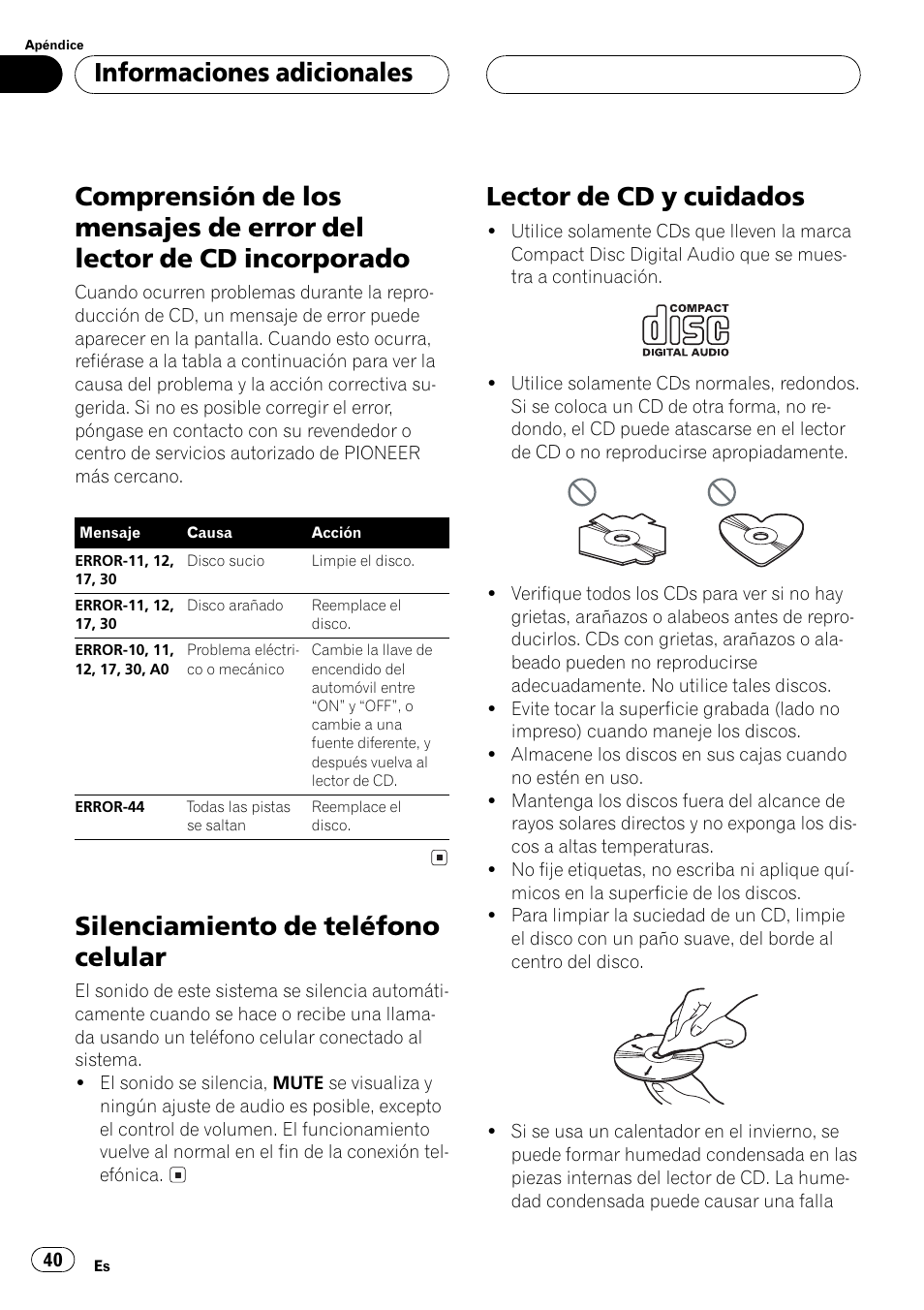 Lector de cd incorporado 40, Silenciamiento de teléfono celular, Lector de cd y cuidados | Informaciones adicionales | Pioneer DEH-1530R User Manual | Page 40 / 128