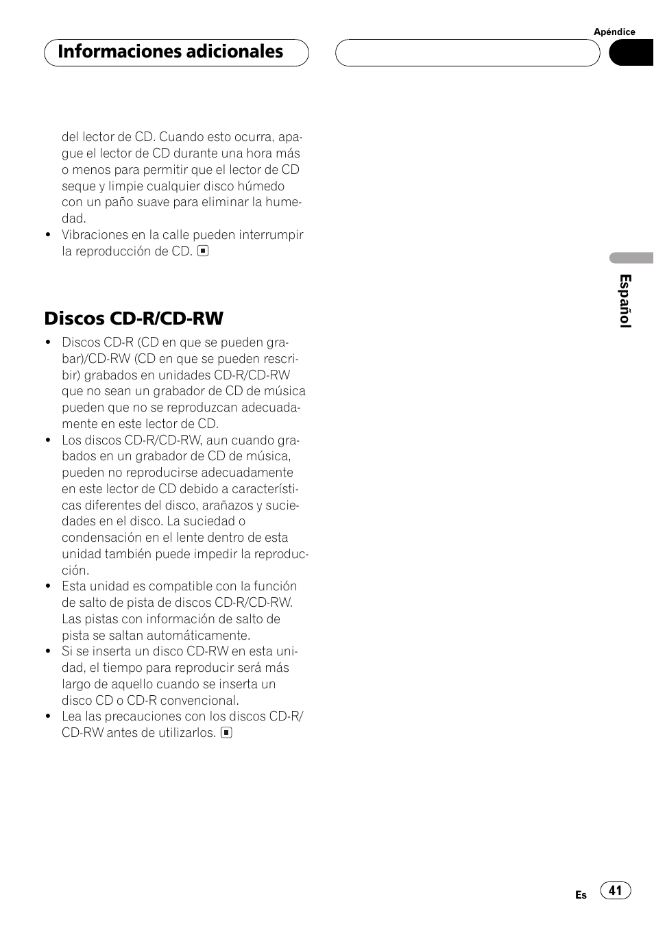 Discos cd-r/cd-rw 41, Discos cd-r/cd-rw, Informaciones adicionales | Pioneer DEH-1530R User Manual | Page 41 / 128